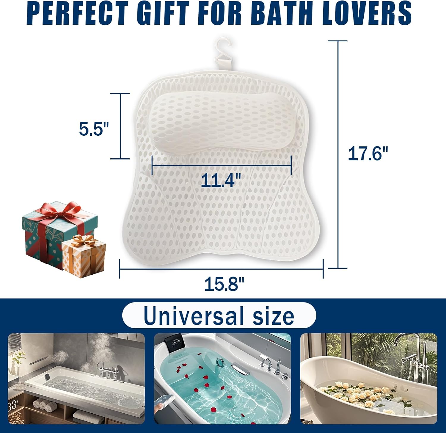 Bath Pillow Bathtub Pillow, Thick Padded Ergonomic Bathtub Headrest for Tub Neck and Back Support with Soft 4D Mesh Fabric and Six Non-Slip Suction Cups, Bath Pillows for Bath Accessories