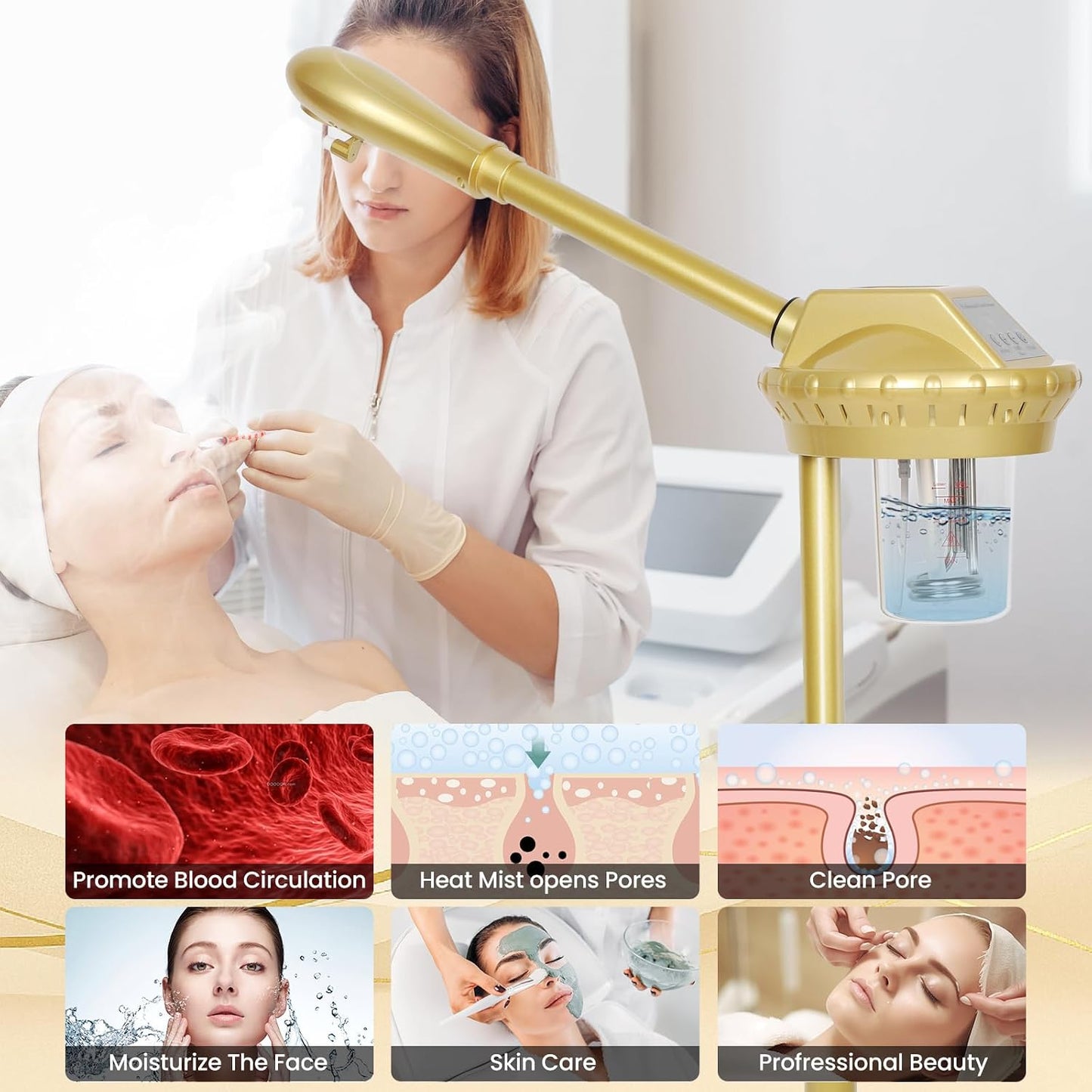 Facial Steamer Professional with More Steam for Deep Cleansing and Hydration, Estheticians Steamer on Wheels with Time Setting, Face Steamer Adjustable Height for Beauty, Spa and Home Use（Golden）