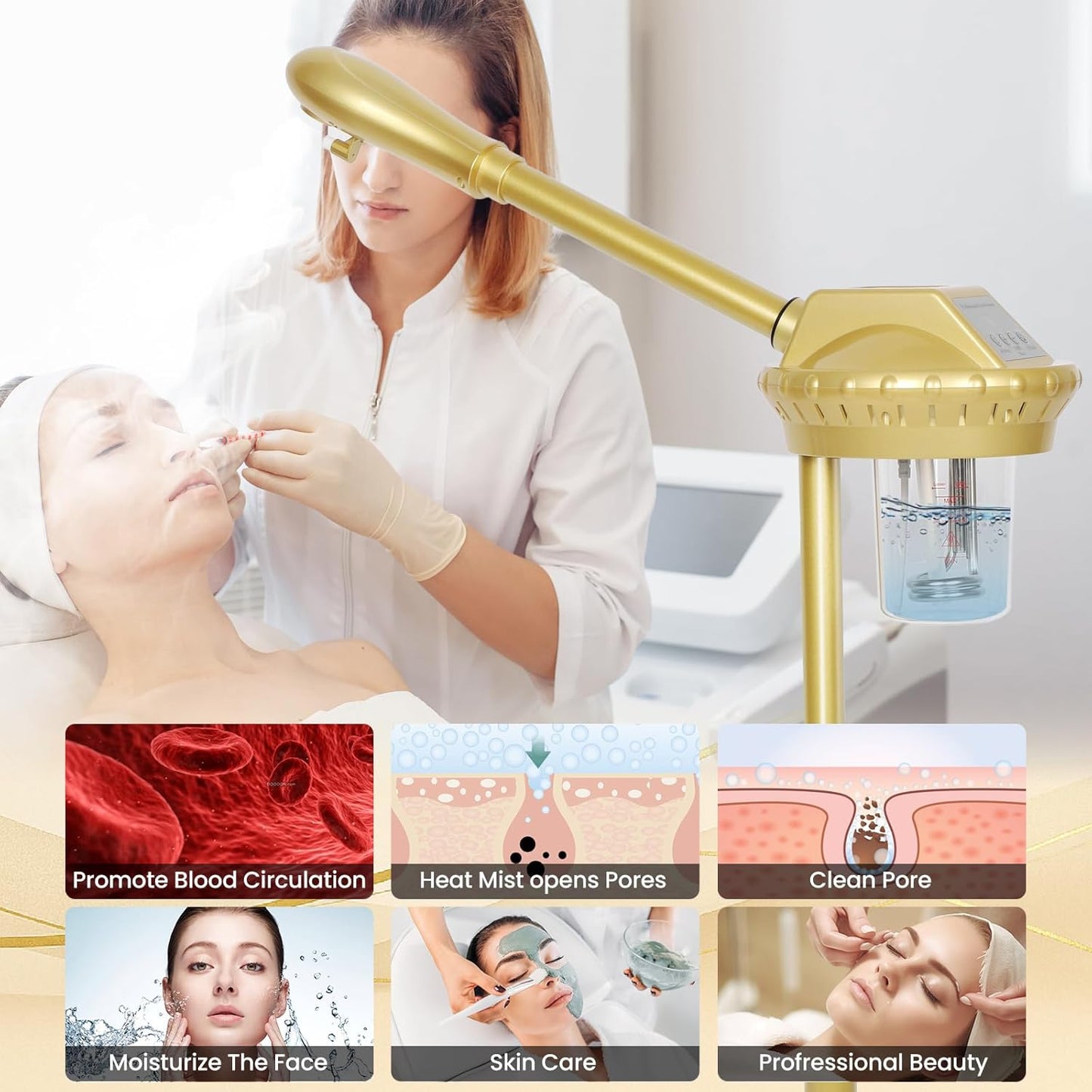 Professional Facial Steamer on Wheels,Gold Ozone Steamer for Face with 30-Minutes Timer,Spa Face Steamer for Deep Facial Cleansing