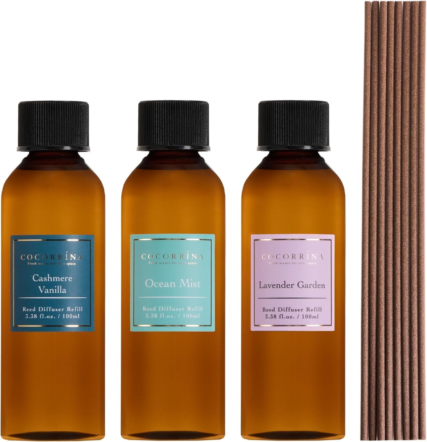 COCORRÍNA Reed Diffuser Set, 10.2oz Scented Oil Refill 3 Pack, Cashmere Vanilla, Ocean Mist, Lavender Garden, Long Lasting Oil Diffuser Refill with 18 Sticks for Bathroom & Bedroom