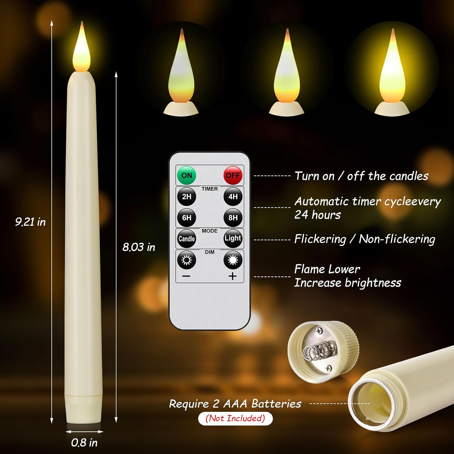 Flameless Taper Candle with Remote Control, 3pack Plastic LED Candles, Flickering Battery Operated, 9.2''Classic Tall Candles for Wedding, Party,Christmas,Home Decor (Ivory)