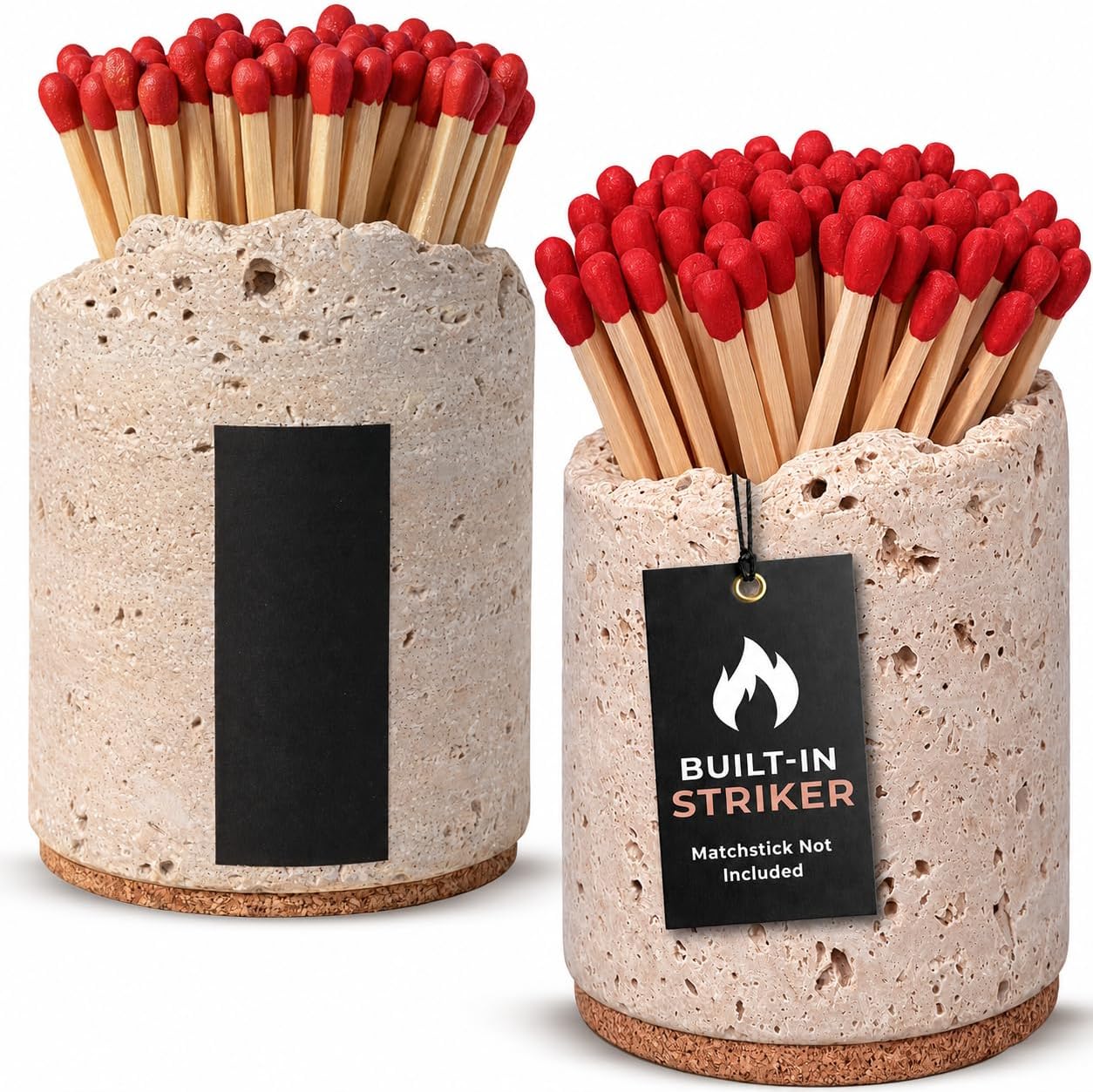 Ceramic Match Holder with Striker - Set of 2 - Handmade Match Box - Matches in a Jar for Bathroom Candle -Black 10 Extra Striker Pads - Modern Bathroom & Home Decor Gift - Red & Speckled White