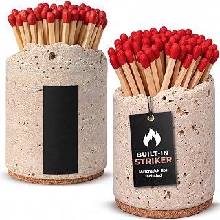 Ceramic Match Holder with Striker - Set of 2 - Handmade Match Box - Matches in a Jar for Bathroom Candle -Black 10 Extra Striker Pads - Modern Bathroom & Home Decor Gift - Red & Speckled White