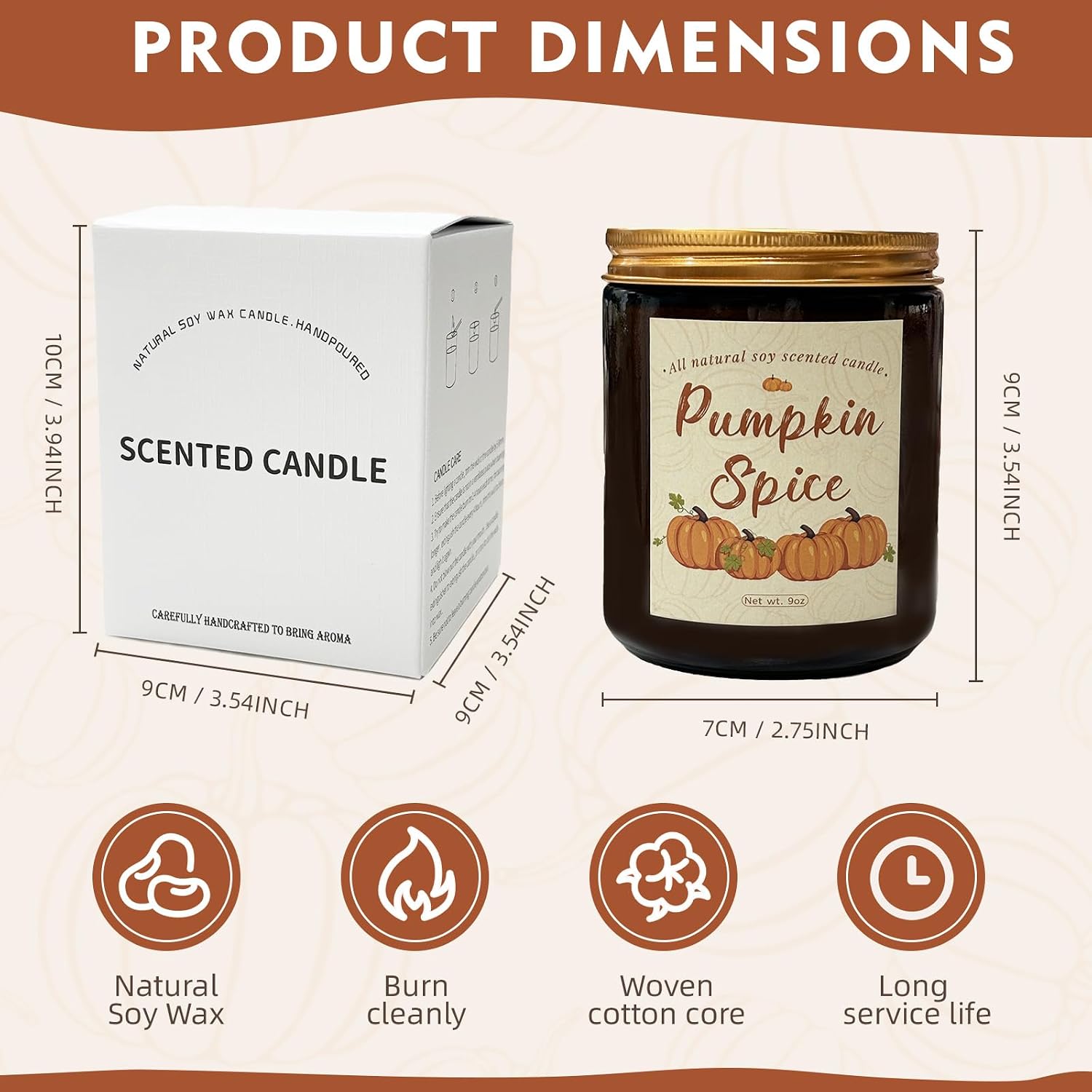 Pumpkin Spice Soy Wax Candle, Fall Seasonal Decor, 50+ Hours Burn Time, Halloween & Thanksgiving Gift, Eco-Friendly
