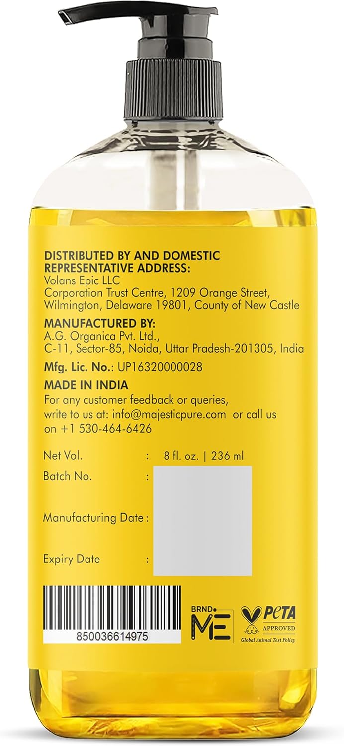 Majestic Pure Oil - 100% Pure and Natural- Cold Pressed & Hexane Free Natural Hair Growth Oil for Eyelashes, Eyebrows, Skin, Body, Face, Nails & Scalp - Vitamin E Oil 8 Fl Oz