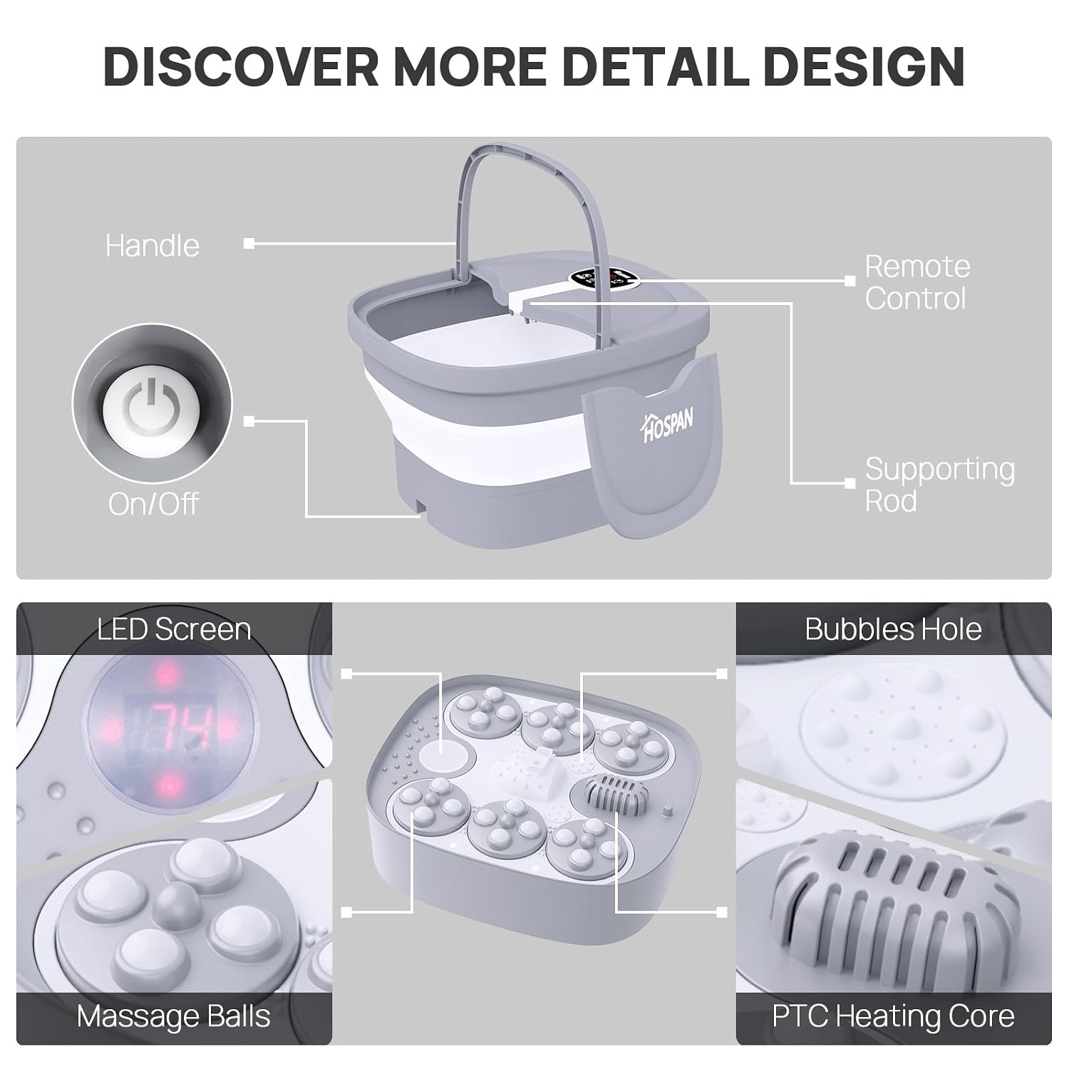 HOSPAN Collapsible Foot Spa Electric Rotary Massage, Foot Bath with Heat, Bubble, Remote, and 24 Motorized Shiatsu Massage Balls. Pedicure Foot Spa for Feet Stress Relief