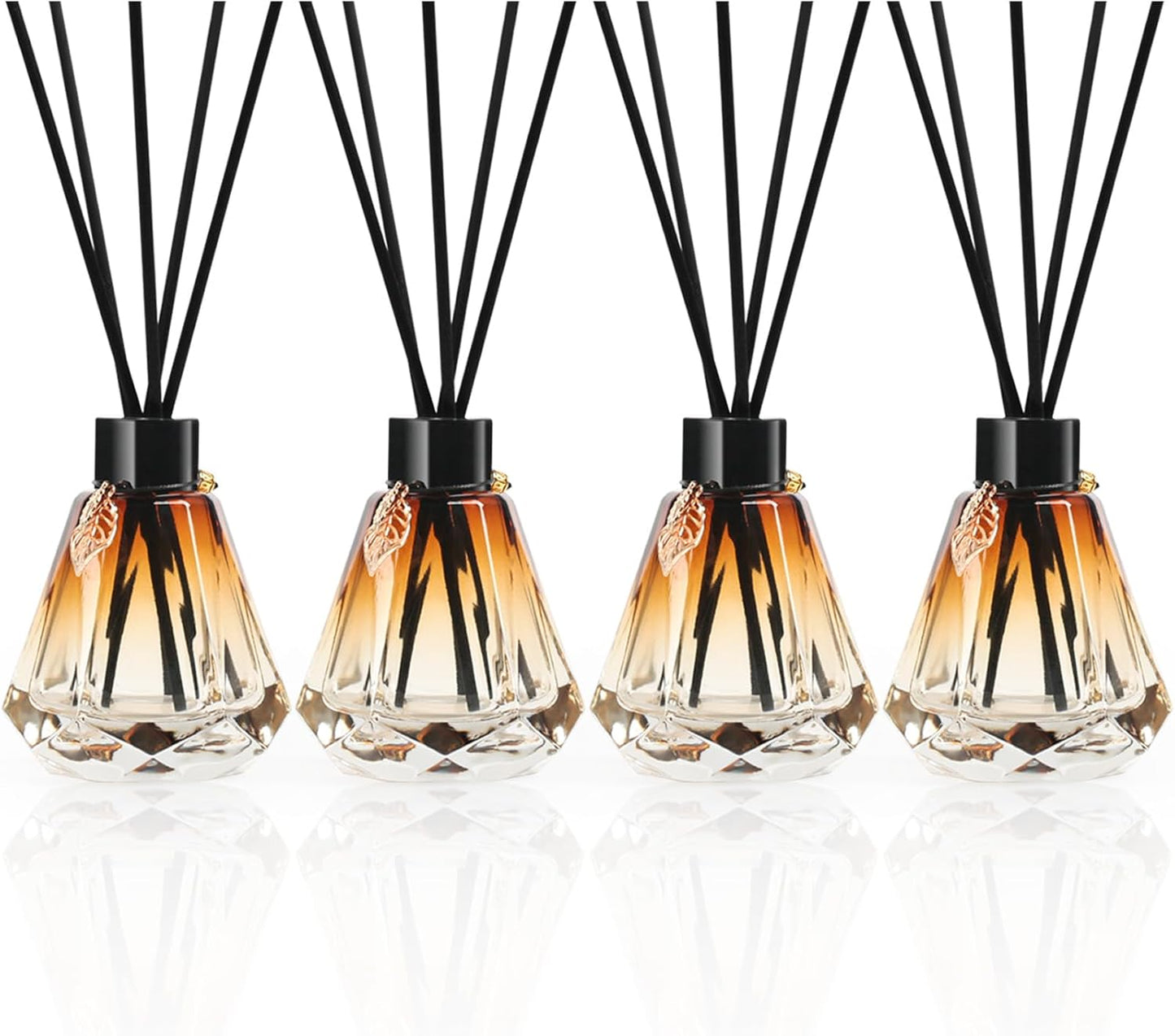 Reed Diffuser Set - 4 Empty Bottles with 20 Sticks, Delicate Gold Leaf Decor, Glass Fragrance Diffuser with Lids for Home, Bathroom | Refillable, Diamond Style (4 PCS Black)