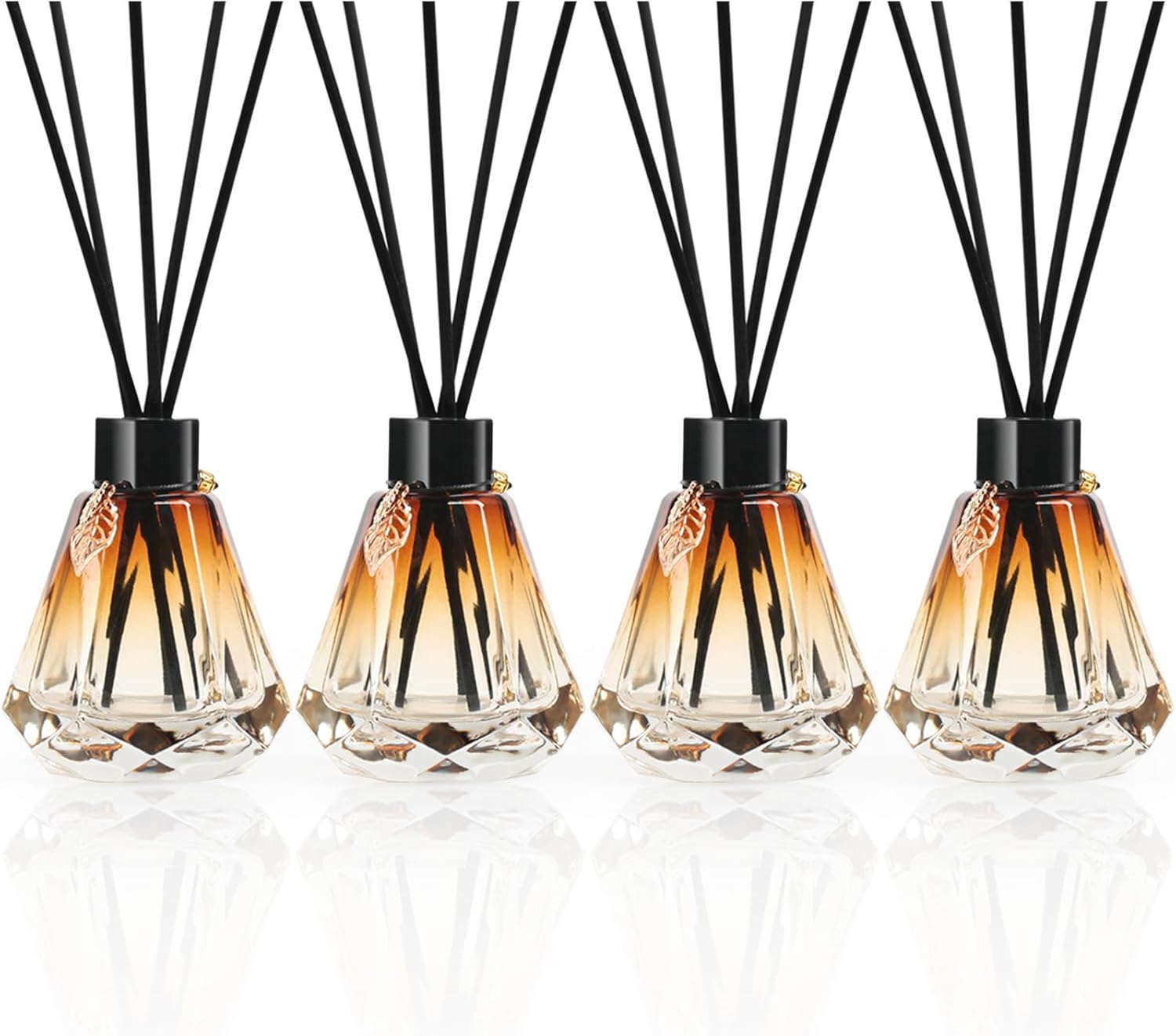 Reed Diffuser Set - 4 Empty Bottles with 20 Sticks, Delicate Gold Leaf Decor, Glass Fragrance Diffuser with Lids for Home, Bathroom | Refillable, Diamond Style (4 PCS Black)