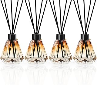 Reed Diffuser Set - 4 Empty Bottles with 20 Sticks, Delicate Gold Leaf Decor, Glass Fragrance Diffuser with Lids for Home, Bathroom | Refillable, Diamond Style (4 PCS Black)