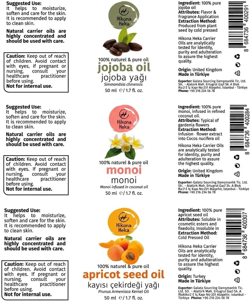 Jojoba Oil for Skin, Hair & Nails – Carrier Oils Set, Jojoba, Monoi & Apricot Kernel, 100% Pure Cold Pressed, Carrier Oil for Essential Oils Mixing, 1.7 fl oz Each, 3-Pack