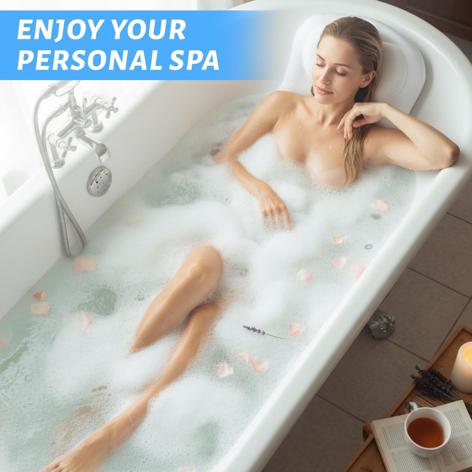 Full Body Bath Pillow for Bathtub, Thick Bathtub Cushion for Soaking Tub with Suction Cups Ergonomic Luxury 3D Mesh Spa Bath Mat with Laundry Bag and Scraper for Neck and Back, 51"x15", White