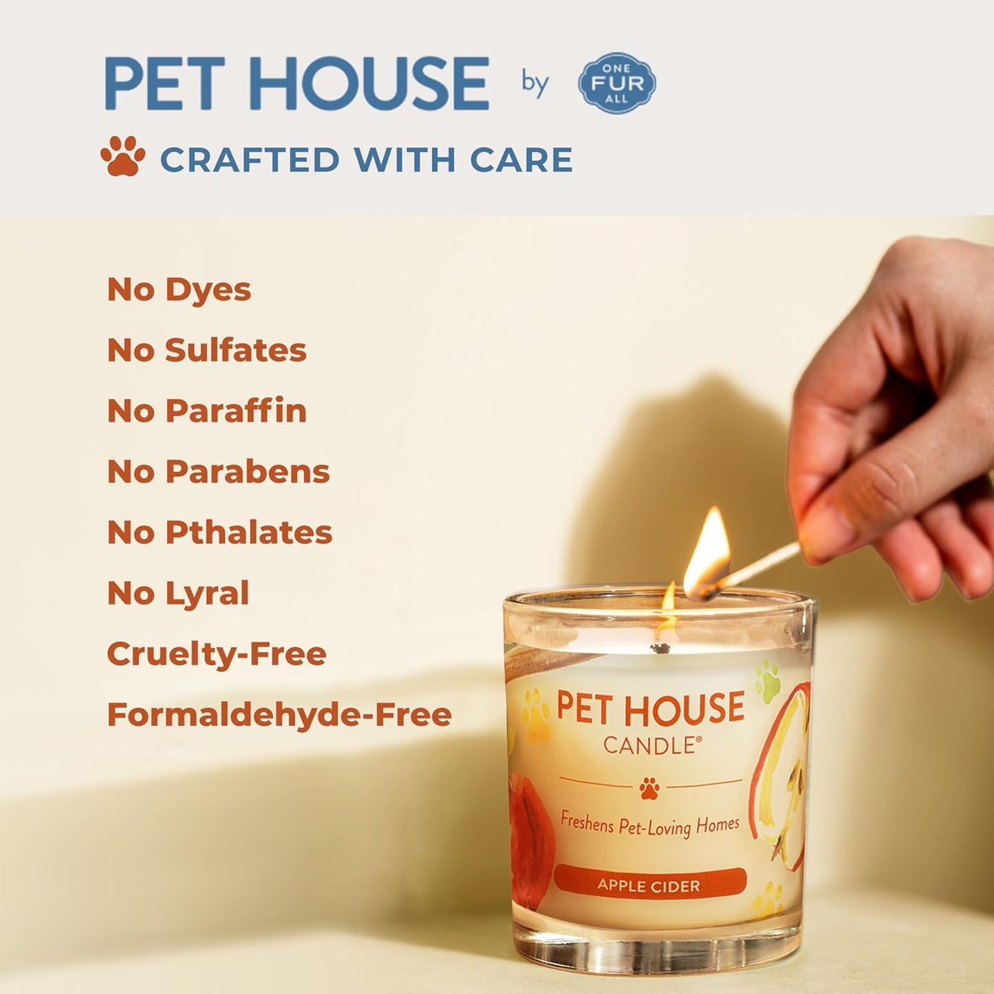 One Fur All Pet House Candle Plant-Based/Soy - Clean Burning Scented, Long Lasting Pet Odor Candle for Home - Vanilla Sandalwood