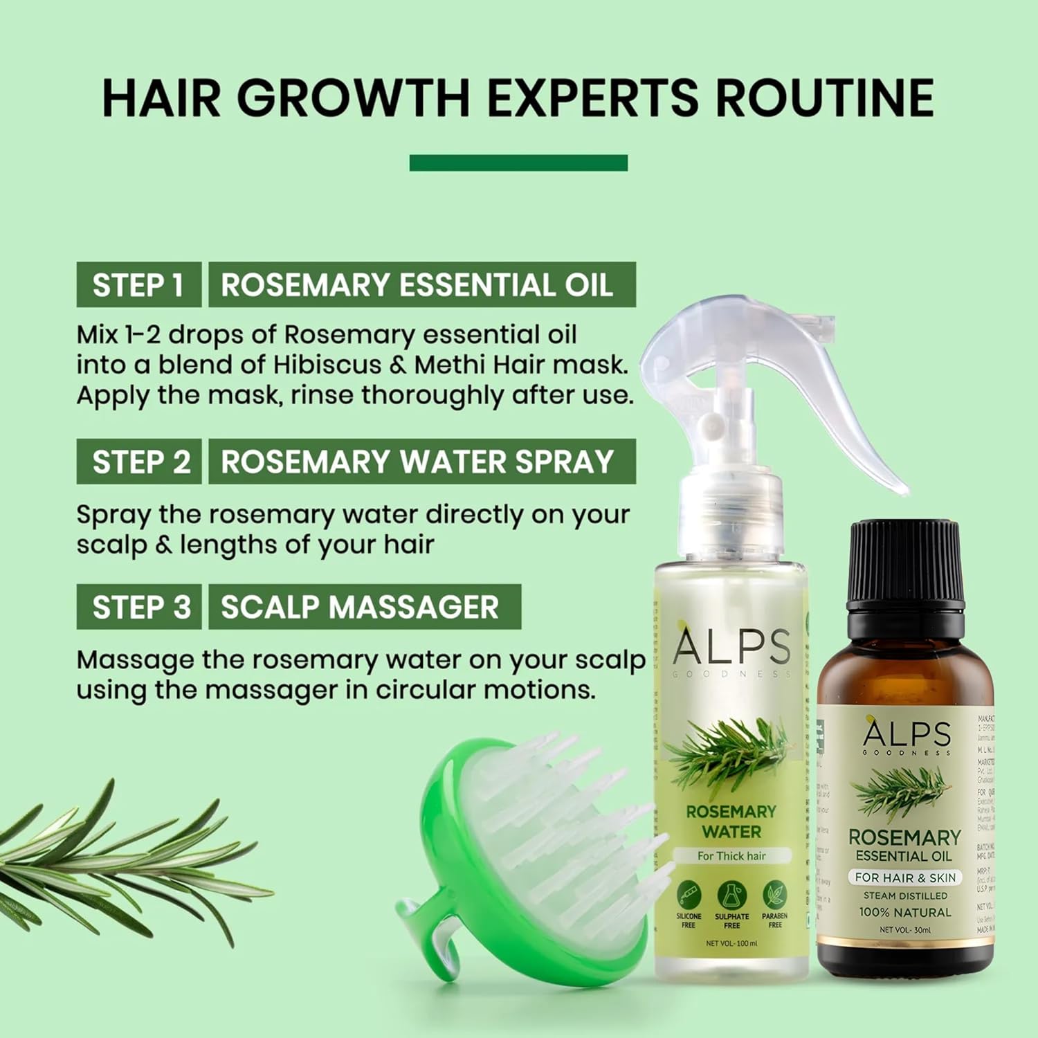 Alps Goodness Rosemary Essential Oil for Hair Growth, Skin Care & Aromatherapy | Pure & Natural | Steam Distilled | Nourishes Roots | Enhances Volume & Shine | 1.01 Fl Oz/30ml