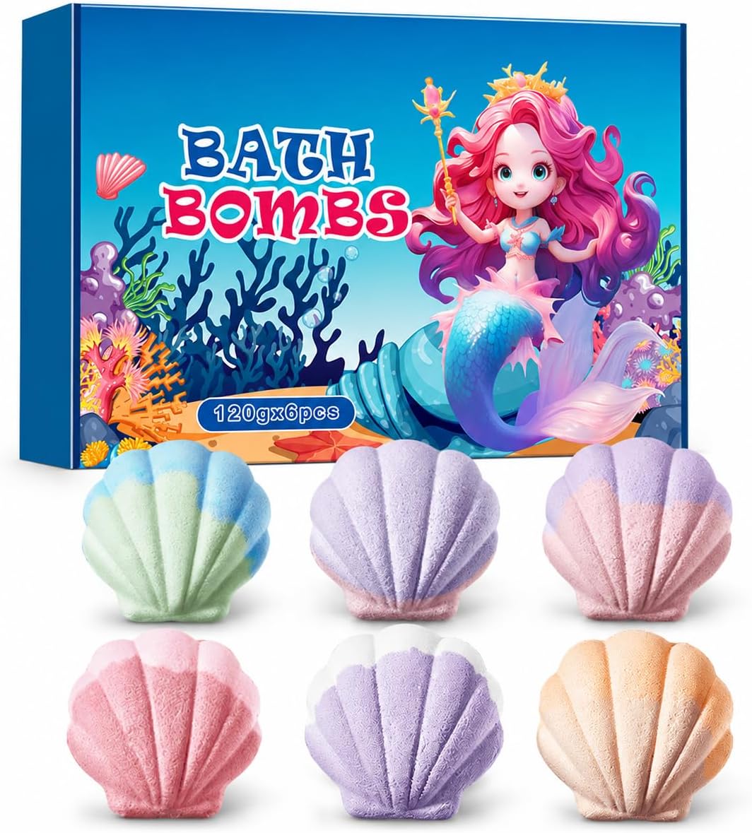 6-Pack Dual-Tone Seashell Bath Bombs for Women - Relaxing Scents Gift Set (Lavender, Rose, Orange Blossom) for Skin-Softening Aromatherapy Bath