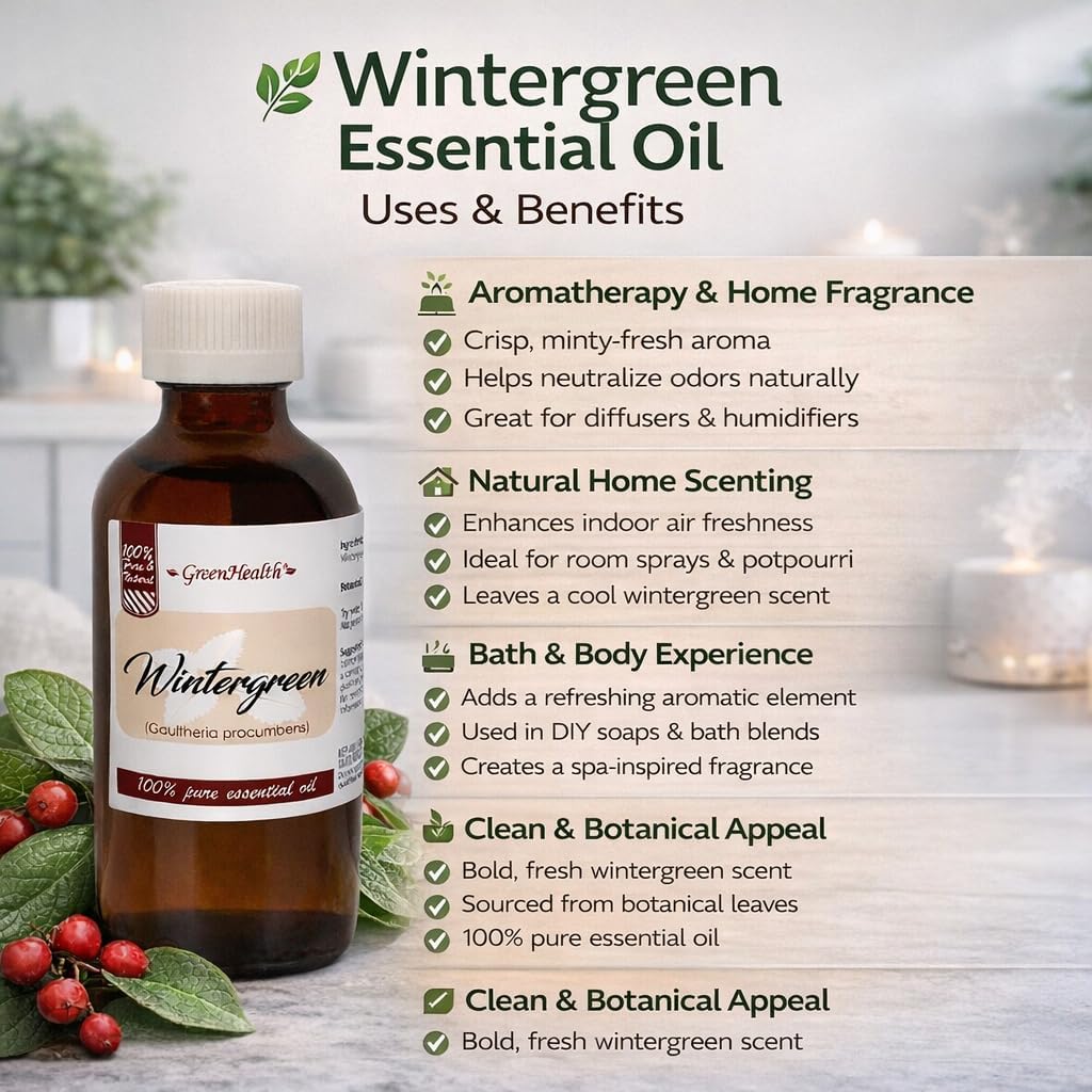 GreenHealth Wintergreen Essential Oil – 100% Pure & Natural – 4 fl oz (118 ml) – Steam Distilled – Undiluted Essential Oil – Amber Glass Bottle with Child-Resistant Cap – for Diffusers & DIY Use
