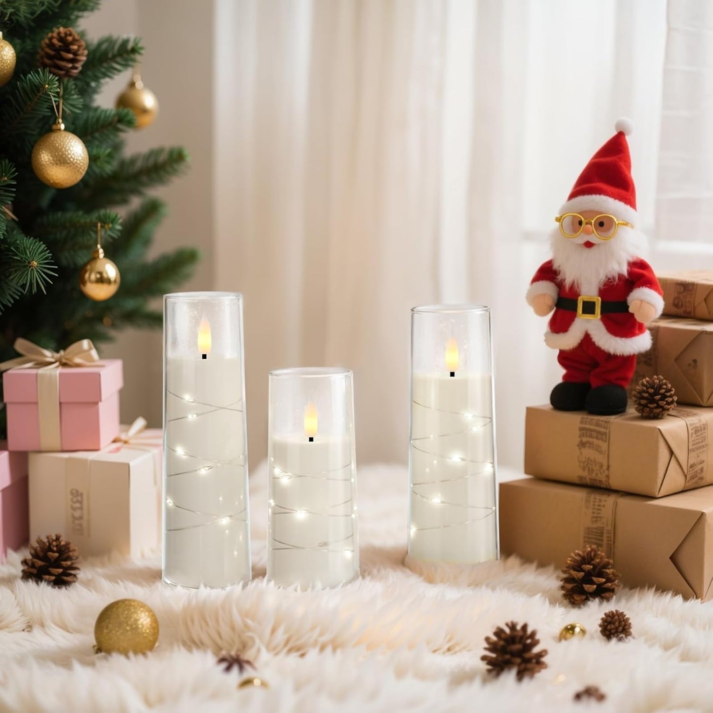 Raycare Flameless Candle with Remote Timer 7 Flickering Acrylic Battery Operated LED Pillar Candles with Embedded Star String for Christmas, Wedding, Home Table Decor, and as a Gift(White)