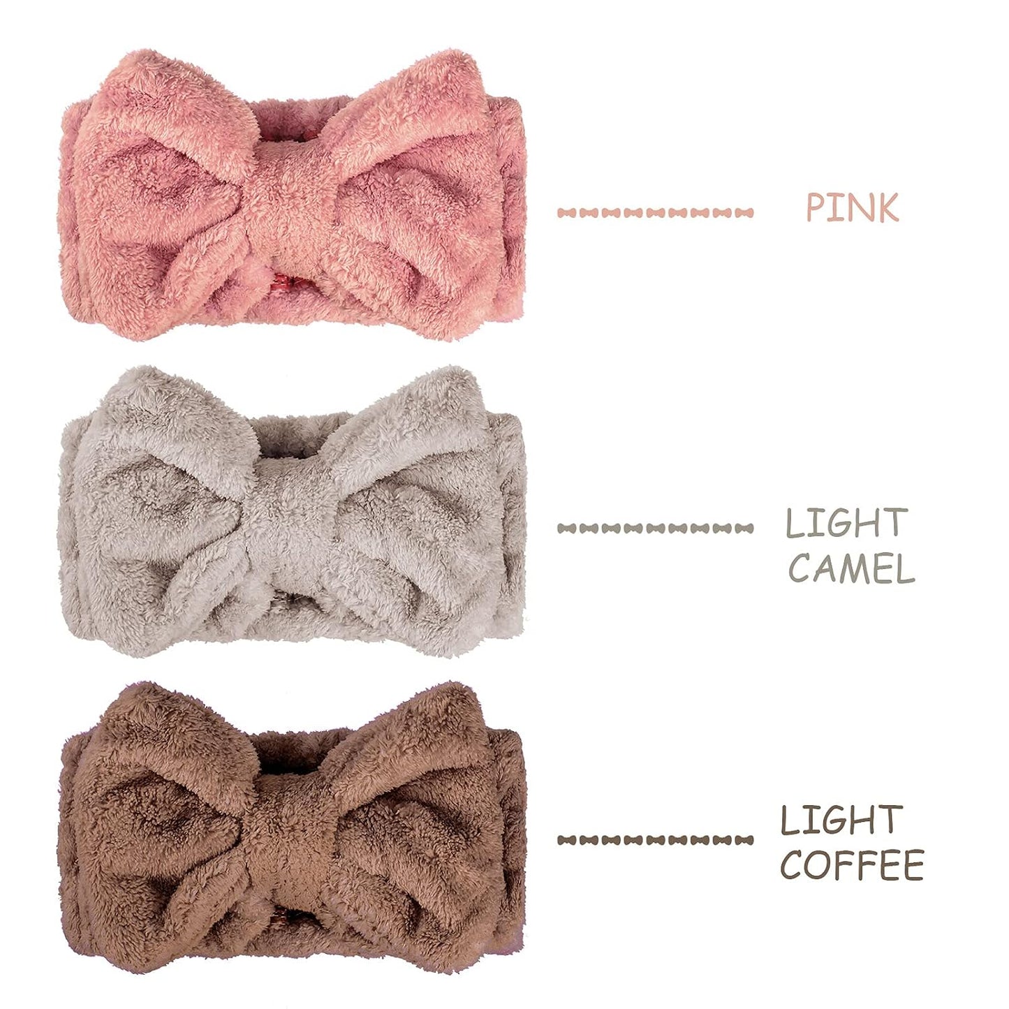3 Pieces Towel Headbands for Women Makeup Headband for Washing Face Makeup Spa, Microfiber Bowtie Shower for Women(Pink, Light Camel, Light Coffee)