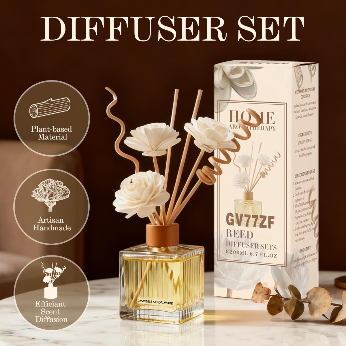 Peppermint & Eucalyptus Reed Diffuser - 6.7 oz Glass Bottle with 4 Rattan Sticks, 3 Dried Flowers | Adjustable, Long-Lasting Scent for Home, Bedroom, Living Room, Office, Bathroom | Aromatherapy Gift