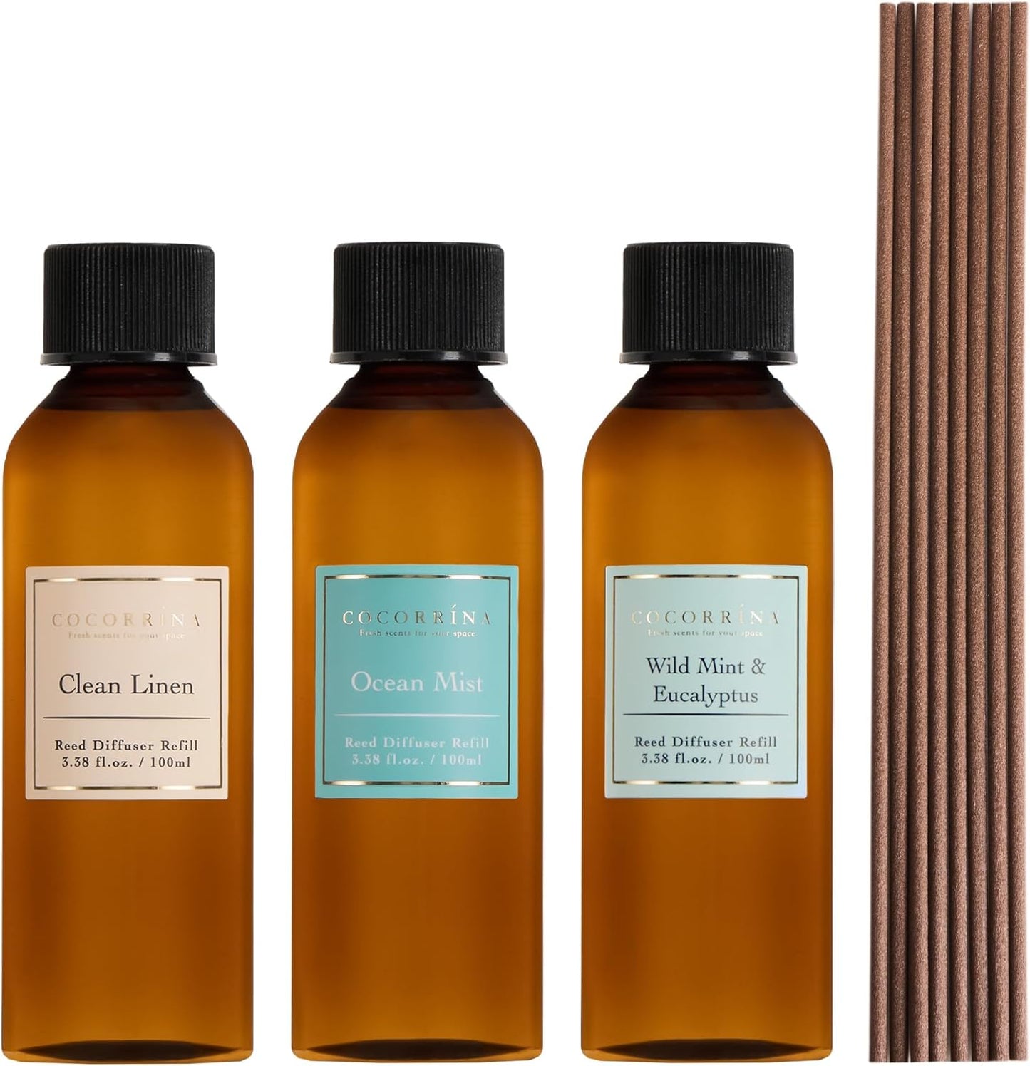 COCORRÍNA Reed Diffuser Refill Set, 10.2oz Scented Oil Refill 3 Pack, Clean Linen, Ocean Mist, Eucalyptus & Moss, Long Lasting Oil Diffuser Refill with 18 Sticks for Bathroom & Bedroom