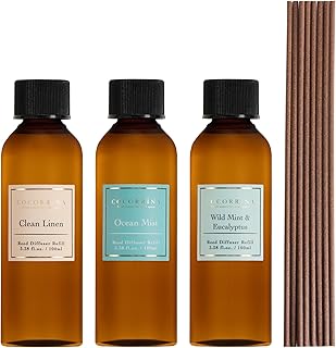 COCORRÍNA Reed Diffuser Refill Set, 10.2oz Scented Oil Refill 3 Pack, Clean Linen, Ocean Mist, Eucalyptus & Moss, Long Lasting Oil Diffuser Refill with 18 Sticks for Bathroom & Bedroom