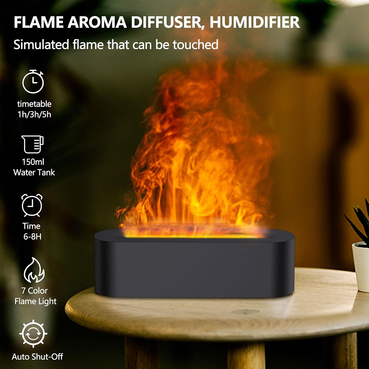 Flame Essential Oil Diffuser, Upgrade 7 Colour Lights Aromatherapy Diffuser, Oil Diffuser, Air Humidifier, Aroma Diffusers for Home, Bedroom, Office, Yoga, Timer & Waterless Auto Off 150ml (Black)