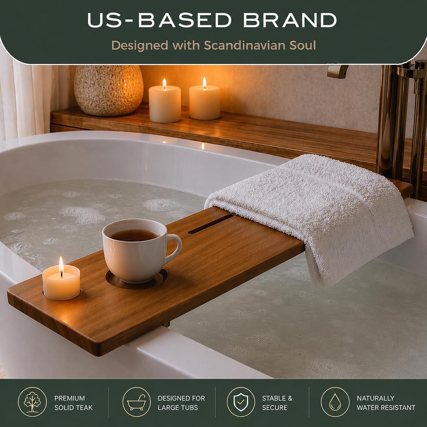 Teak Bathtub Tray for Tub 35” | Bath Tub Tray Wood for Large & Freestanding Tubs, Bathtub Trays for Tub, Bath Tray for Tub, Bath Table Tray | Grand Fjord by JapandiSpirit