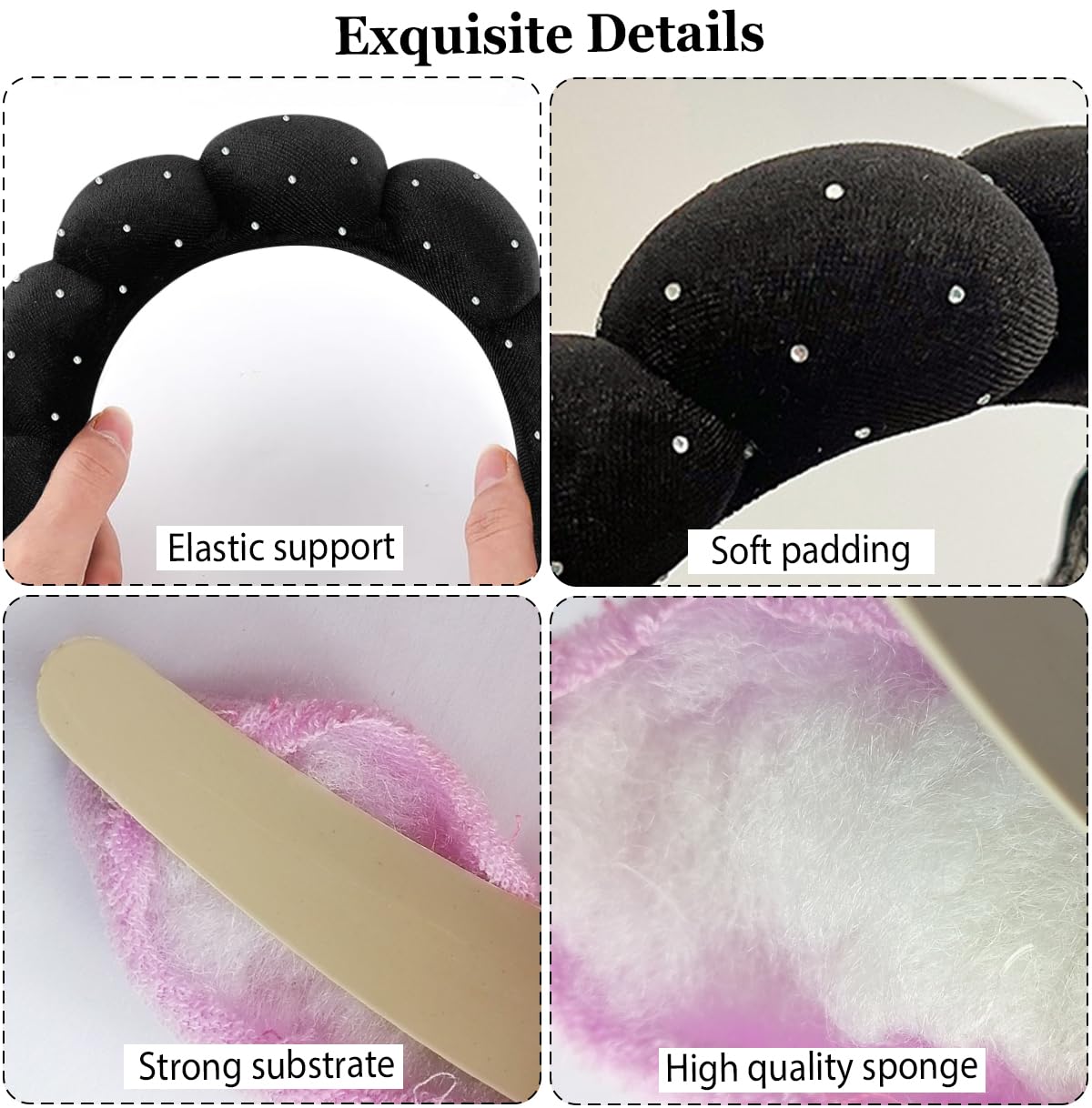 Spa Headbands Puffy Makeup Skincare Headbands for Washing Face or Facial, Terry Cloth Fabric Hairbands for Makeup Removal Shower Skin Treatment(Black, Rhinestone)