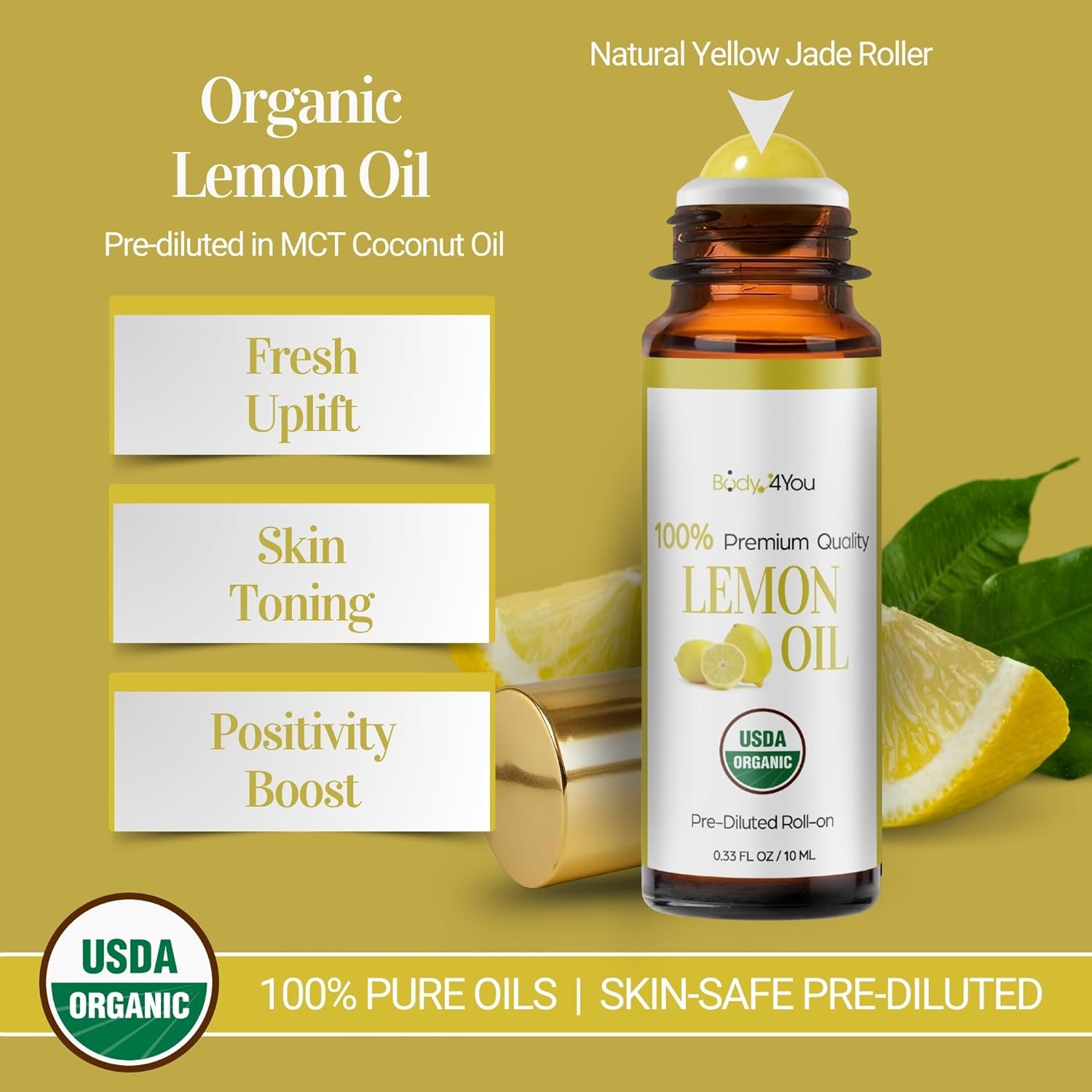 BodyJ4You Lemon + Rosemary Essential Oil Roll On Duo - Pure 100% USDA Organic MCT Coconut Oil - Natural Yellow Jade and Amethyst Stone Rollers - Uplift Focus Scalp Care Wrist Neck Temples - Amber Glas