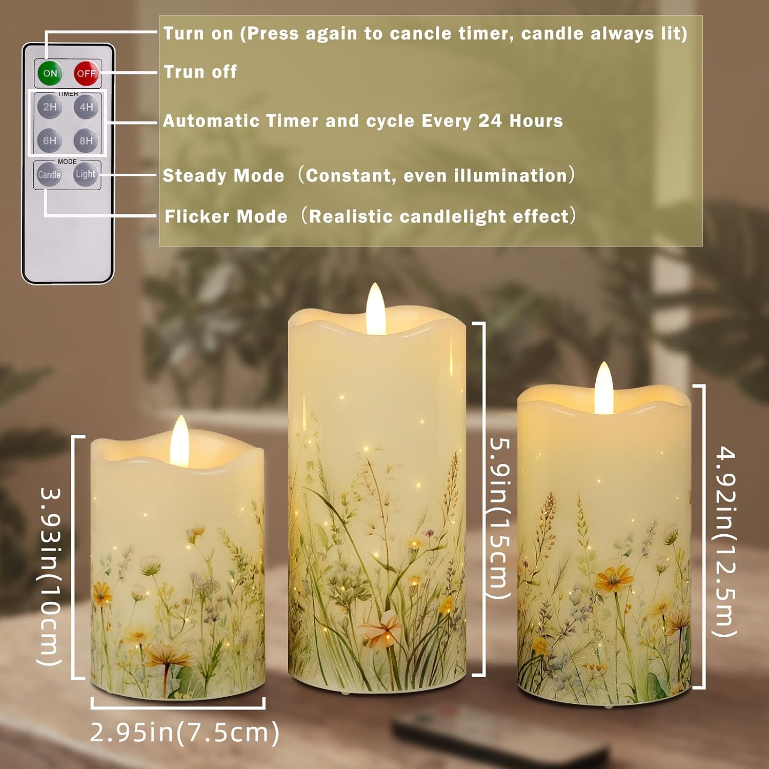 Flameless Candles, Battery Operated Floral Candles with Remote, Fiber Optic Flameless Pillar Candles Set of 3 for Spring Decorations Indoor