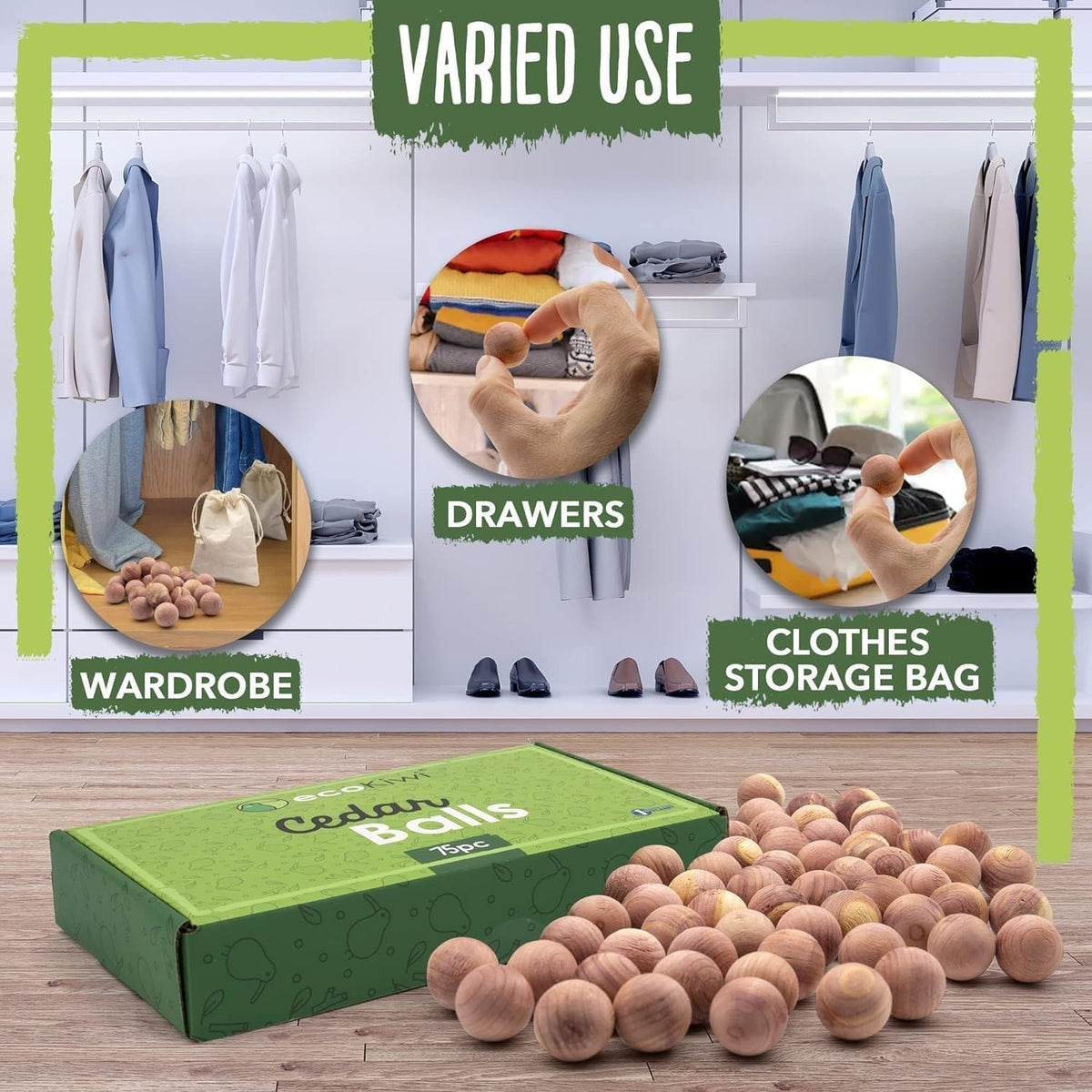 ecoKiwi Cedar Balls for Clothes Storage - 75 Pack Cedar Wood for Closest