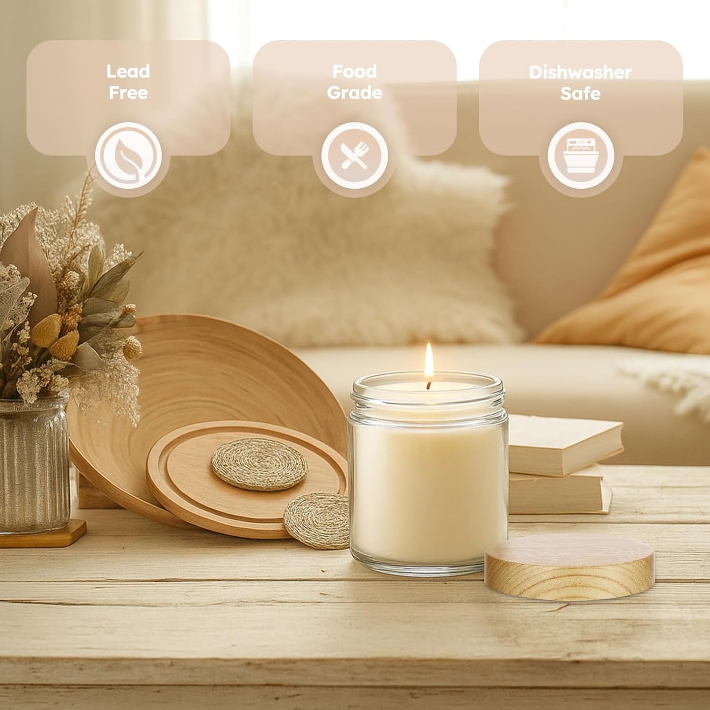 Tecohouse 8oz Glass Jars with Plastic Woodgrain Lids, 3 Pack Candle Jars with Blank Labels, 250g Clear Glass, Wide Mouth | Cosmetic Containers for Sample, Cream, Lotion, Honey, Powder, Jelly