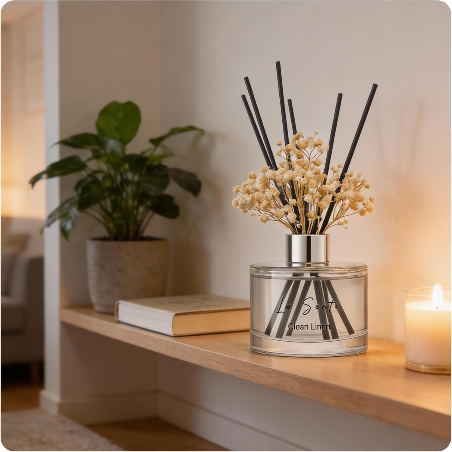 Reed Diffuser Set (6.7fl oz), Natural Clean Linen Essential Oil Fragrance with Glass Bottle, Black Rattan Sticks & Preserved Flowers, Up to 120 Days Lasting Fragrance for Home & Office