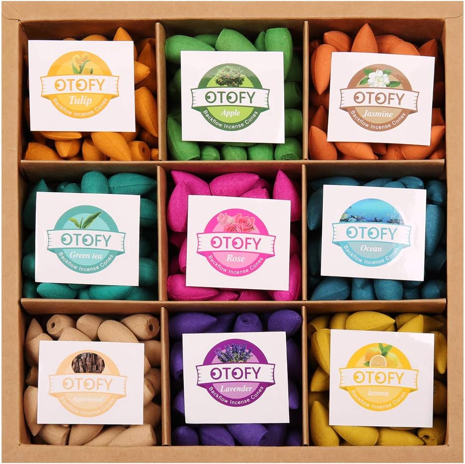 OTOFY Backflow Incense Cones - 360 Pcs of 100% Natural Scents Waterfall Incense Rose Tulip Jasmine Lavender for Meditation & Yoga Gift
