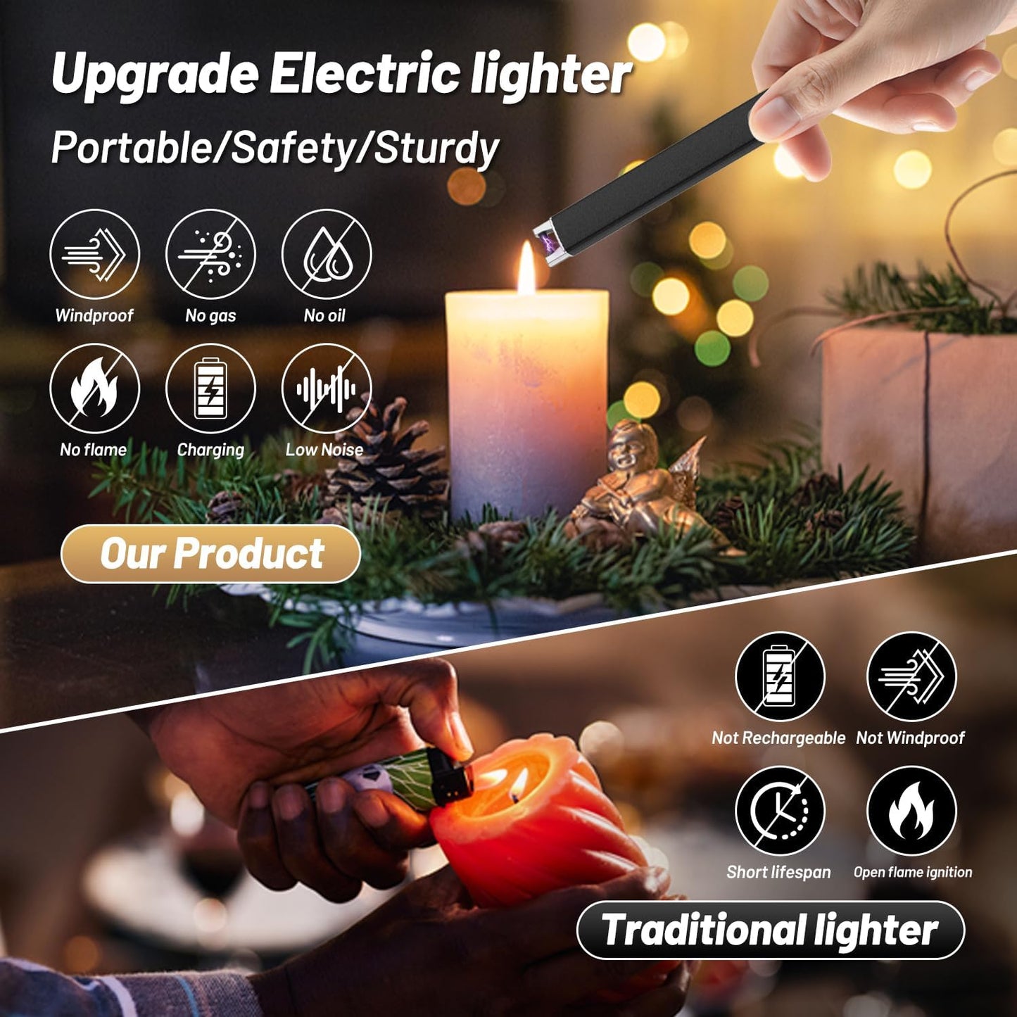 VEHHE Candle Lighter, Windproof Pulse Electric Lighter with Anti-False-Touch Lock and Led Display, Lighters for Candle BBQ Camping Festivals-Black