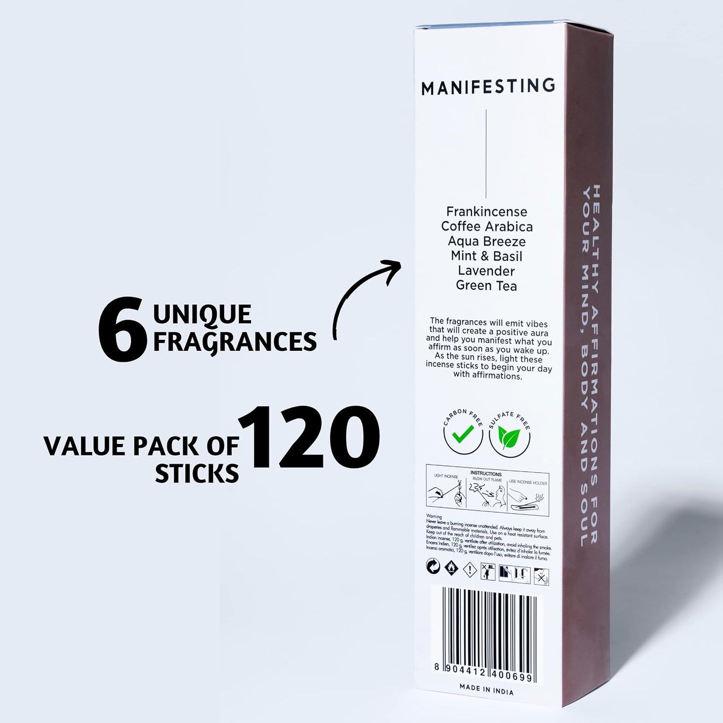 Folkulture Incense Sticks (120 Sticks) | Set of 6 Premium Incense For Manifesting, Aromatherapy, Gifts | No Charcoal,Organic, Non Toxic, 45 Mins, Long Burning Frankincense, Coffee, Mint Insence-Sticks