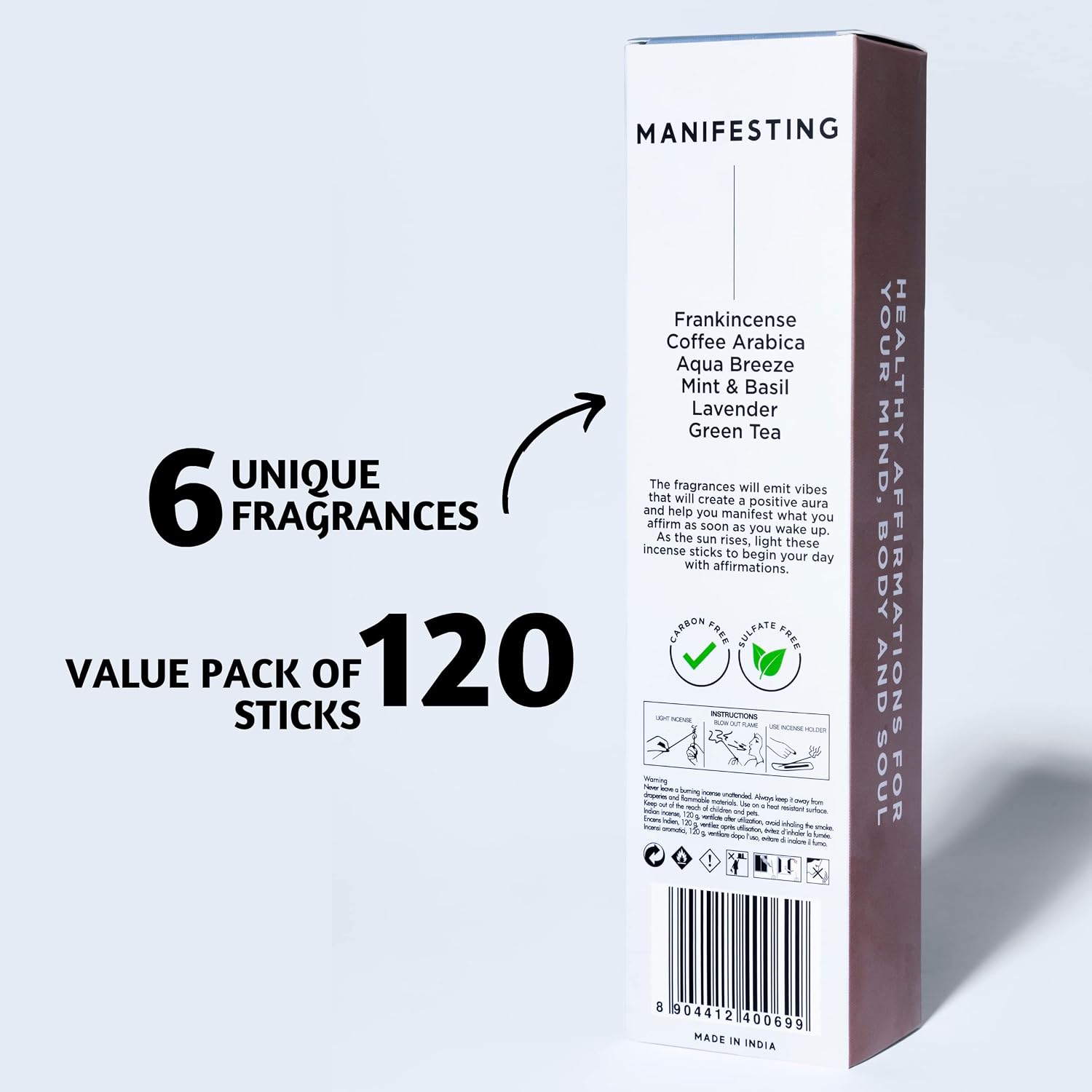 Folkulture Incense Sticks (120 Sticks) | Set of 6 Premium Incense For Manifesting, Aromatherapy, Gifts | No Charcoal,Organic, Non Toxic, 45 Mins, Long Burning Frankincense, Coffee, Mint Insence-Sticks