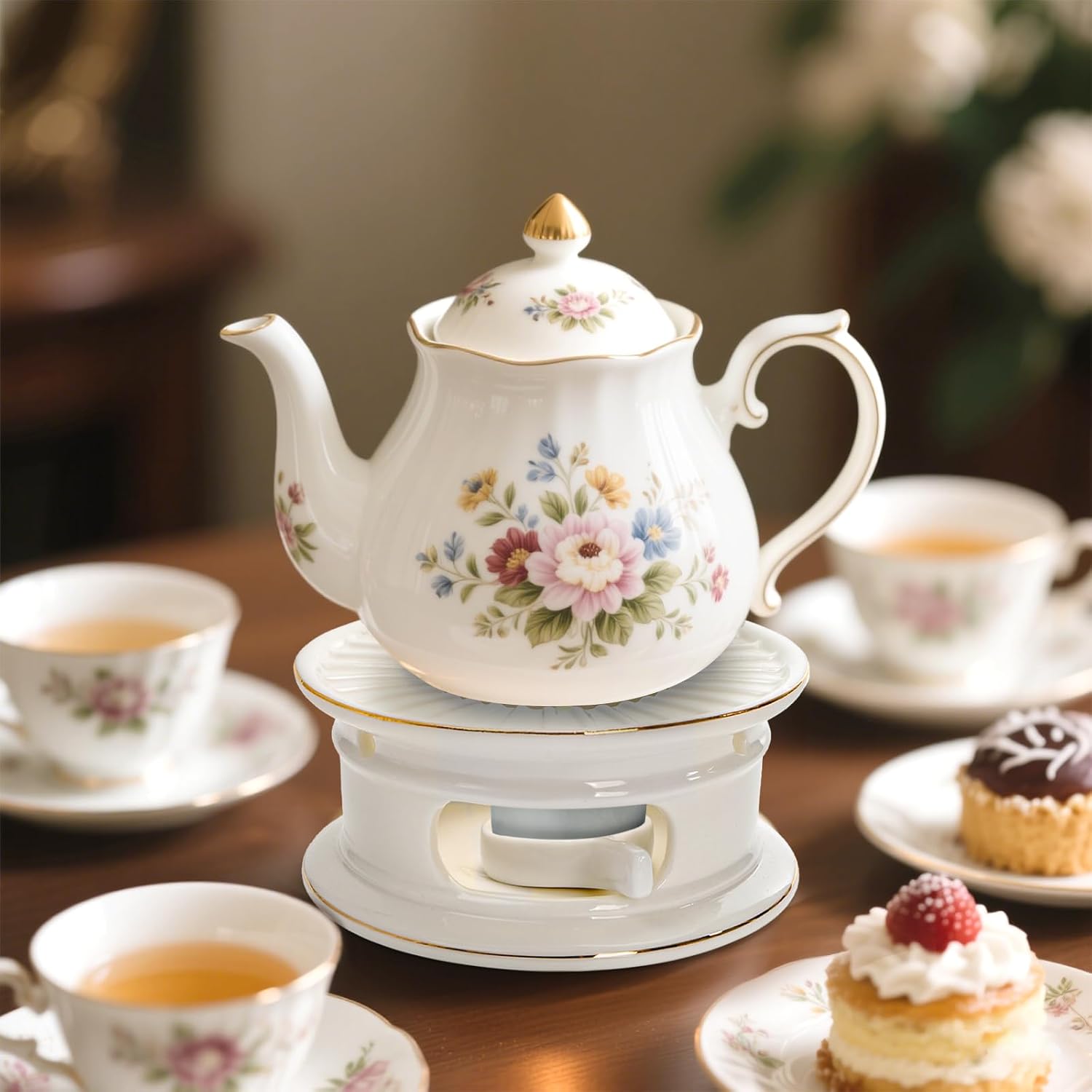Ceramic Teapot Warmer, Gold Rim Teapot Heater with Tealight Holder, White Porcelain Tea Kettle Holder Warming Base for Heating Coffee, Milk, Water, Soup