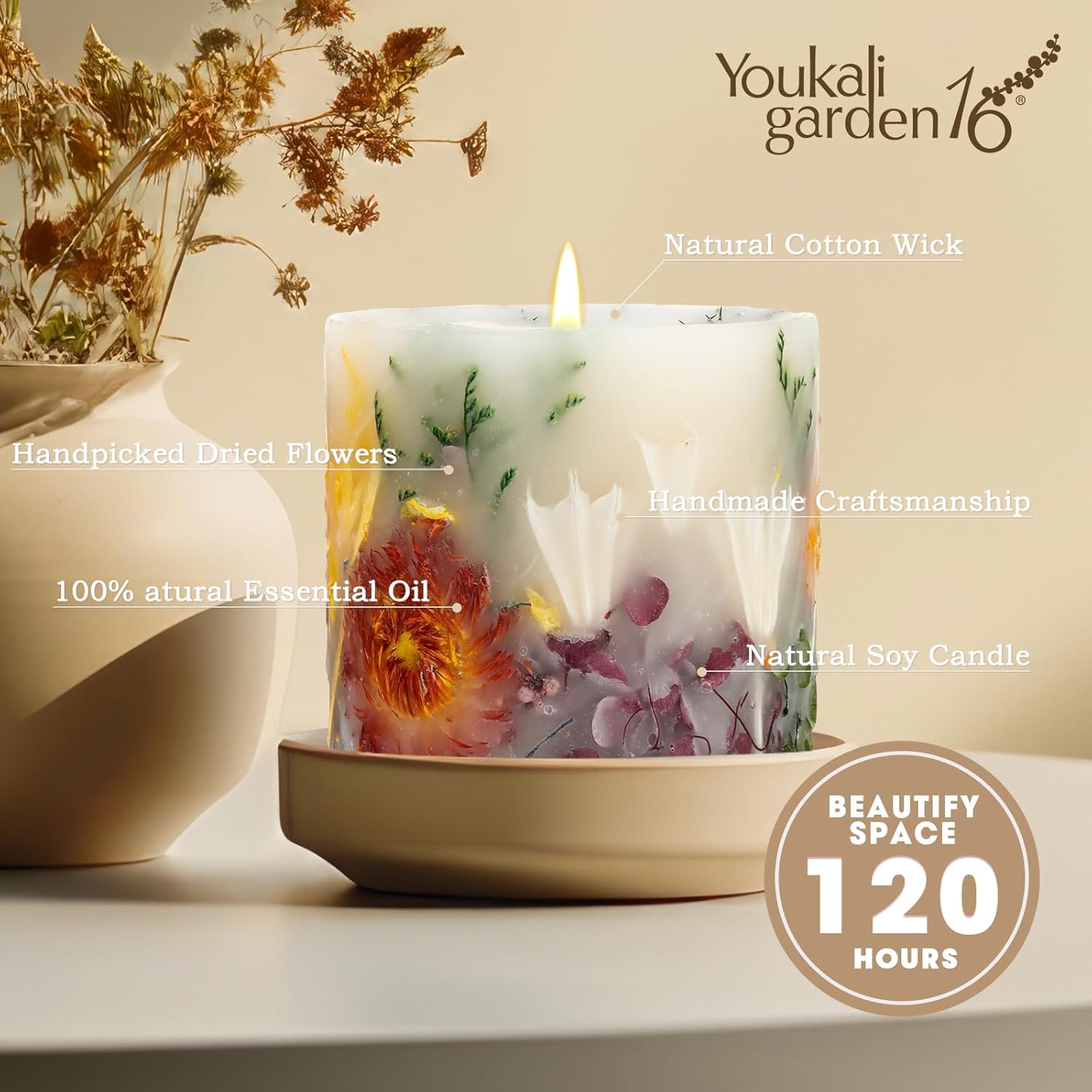 Scented Candles for Women,Burning Natural Soy Wax candles for home scented,Natural Pillar Candle with Dried Flowers - Mothers Day Candle for Mom for Home Decor and Relaxation (Lavender Floral)