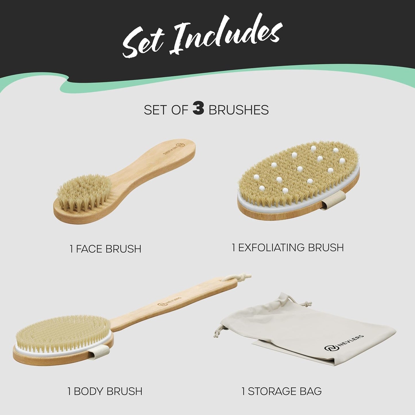 Nevlers Natural Boar Bristle Dry Brushing Body Brush 4-Piece Set | Brush Kit for Exfoliating, Lymphatic Drainage & Circulation | Body Brush, Face Brush, Long-Handled Back Brush + Storage Bag