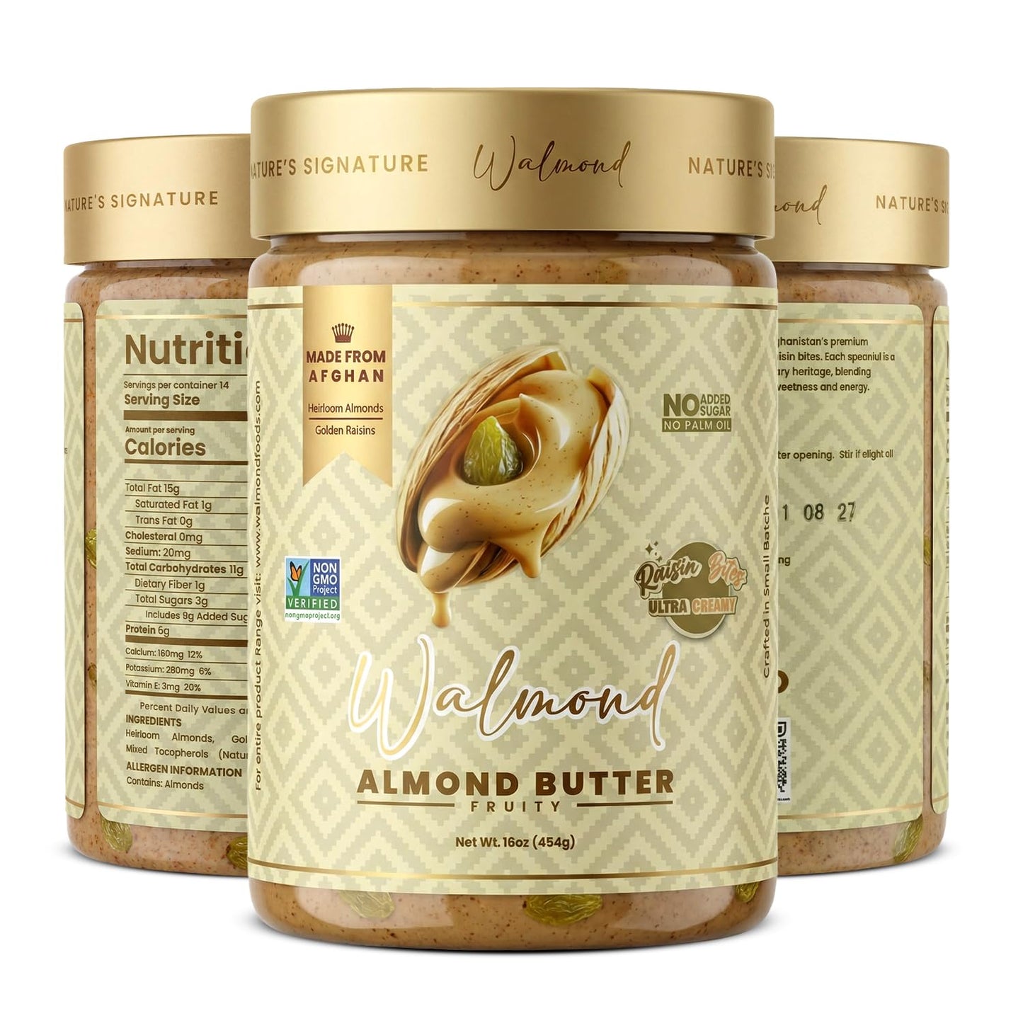 Walmond Almond Butter Fruity, Afghan Heirloom Almonds with Real Golden Raisin Bites, Lightly Fruit Sweetened, 6g Protein, No Added Sugar, No Palm Oil, NON-GMO Halal HACCP Certified, Keto Vegan, 16oz