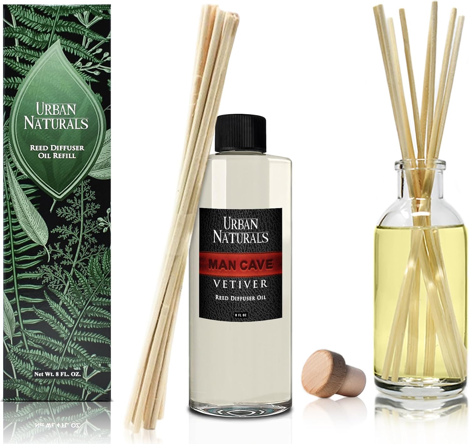 Urban Naturals Reed Diffuser Oil Refill Man Cave Vetiver with Oud, Amber, Frankincense 8 oz + Free Reed Sticks, Made in the USA