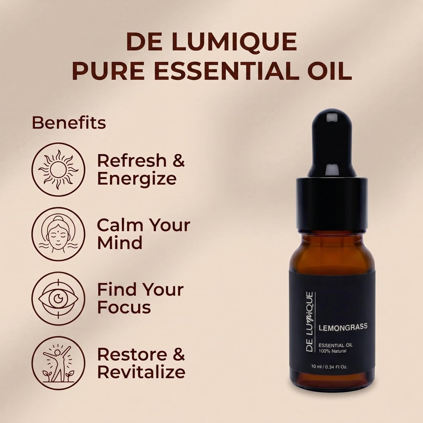 Lemongrass Scent De Lumique Pure Essential Oil, 100% Natural Plant Extract, Amber Glass Bottle with Dropper, 10ml/0.34 Fl Oz