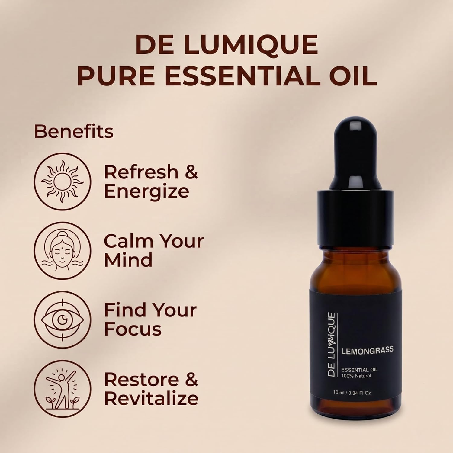 Lemongrass Scent De Lumique Pure Essential Oil, 100% Natural Plant Extract, Amber Glass Bottle with Dropper, 10ml/0.34 Fl Oz