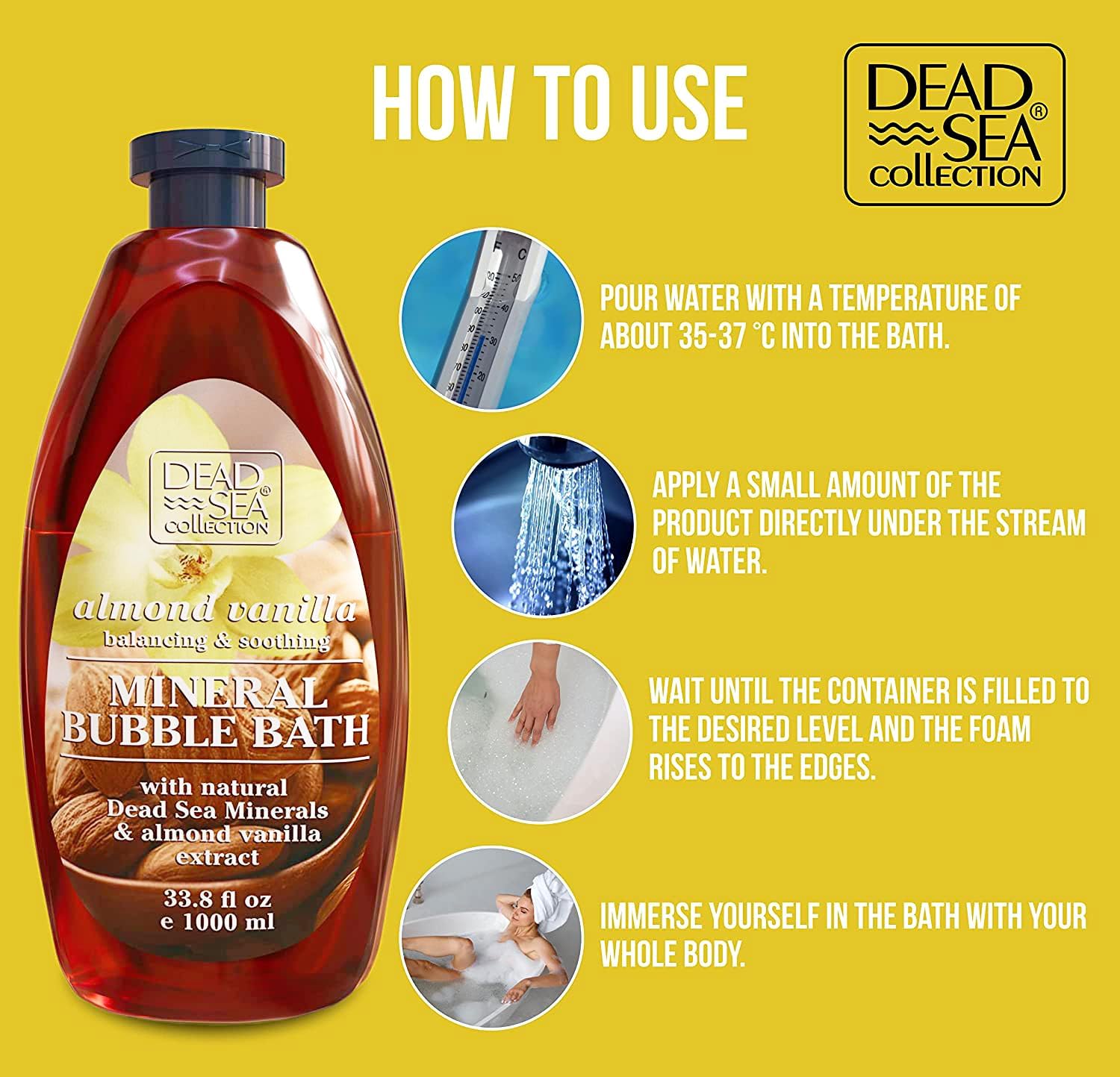 Dead Sea Collection Bubble Bath with Almond Vanilla for Women and Men - Sweet Almond Oil and Dead Sea Salt - Nourishing and Moisturizing Skin - Pack of 2 (67.6 fl.oz)