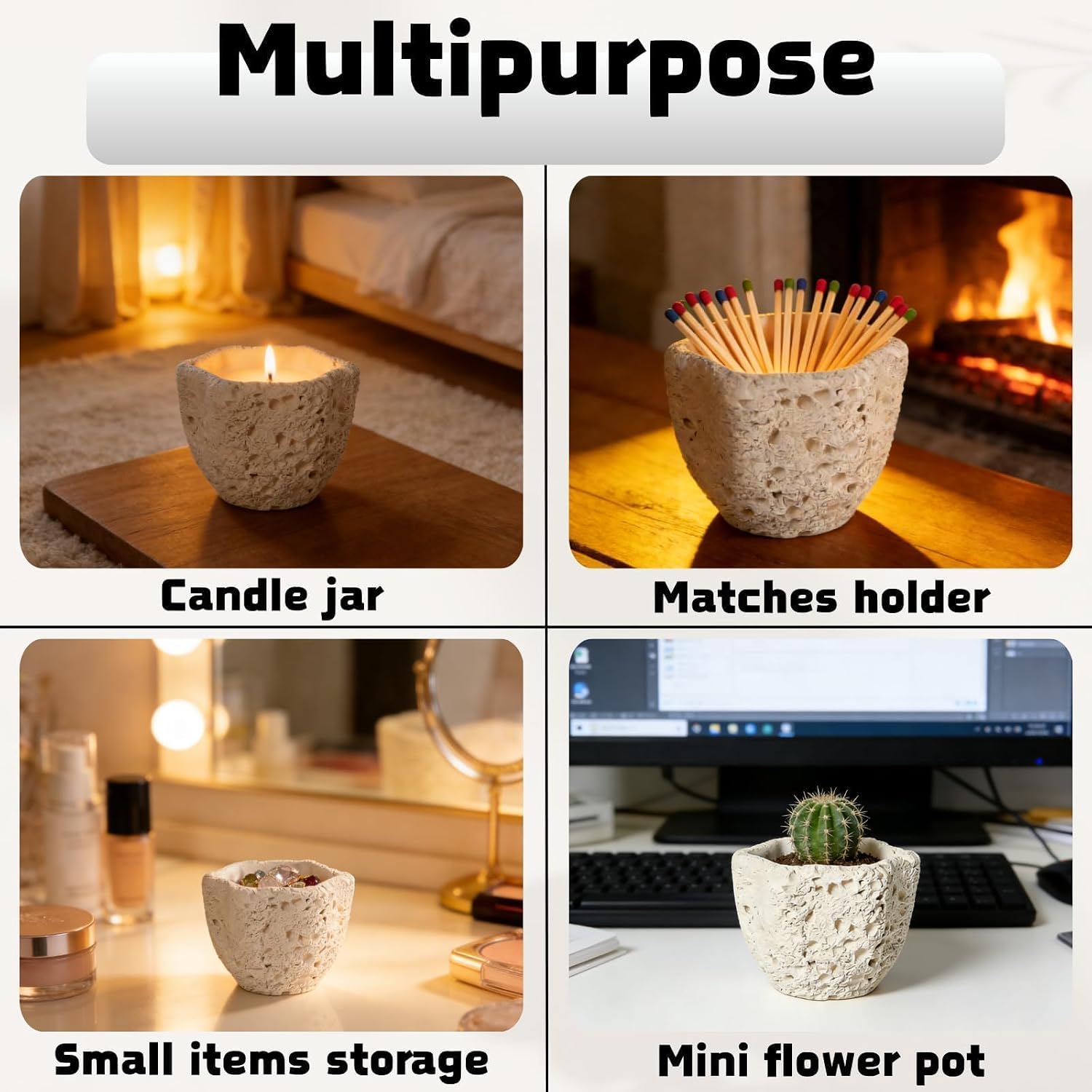 Match Holder with 3 Striker Pads Concrete Decorative Fireplace Match Dispenser Matchstick Organizer Wedding Cute Candles Matches in a Jar for Camping Home Parlor Bathroom Kitchen, Matches Not Included