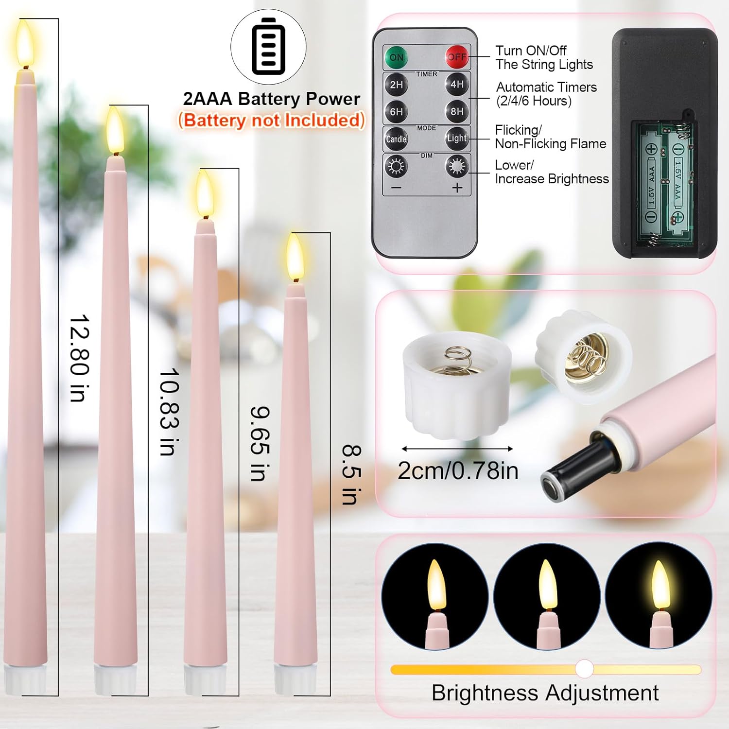 Rossesay 16 Pcs Pink Flameless Taper Candles Battery Operated Candles with Remote Timer 8.5" 9.6" 10.8" 12.8" Multiple Sizes Pink LED Flickering Candlestick for Wedding Centerpieces Party Decor