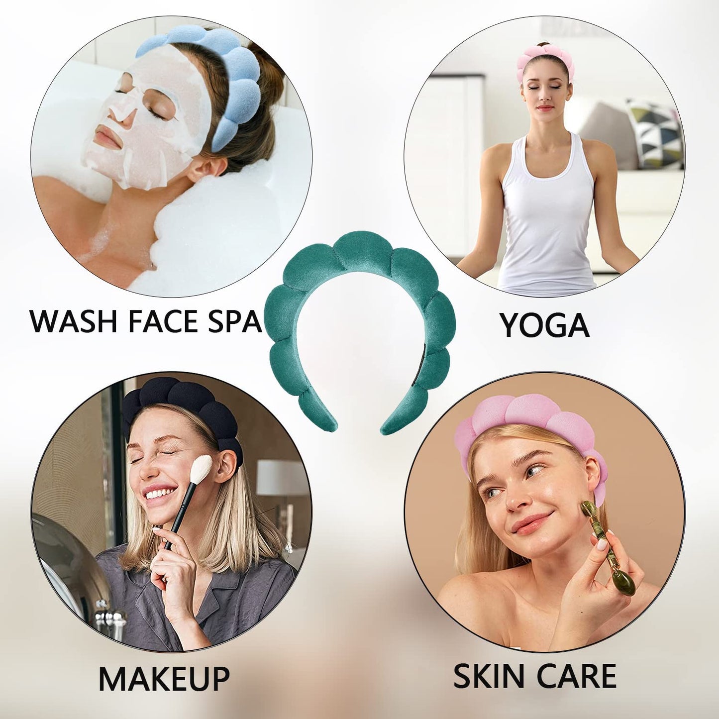 Luckybear Spa Headband for Washing Face, Velvet Makeup Headband, Bubble Skincare Head bands with Face Wash Wristbands Sponge Puff Head band for Women Skin Care - Green