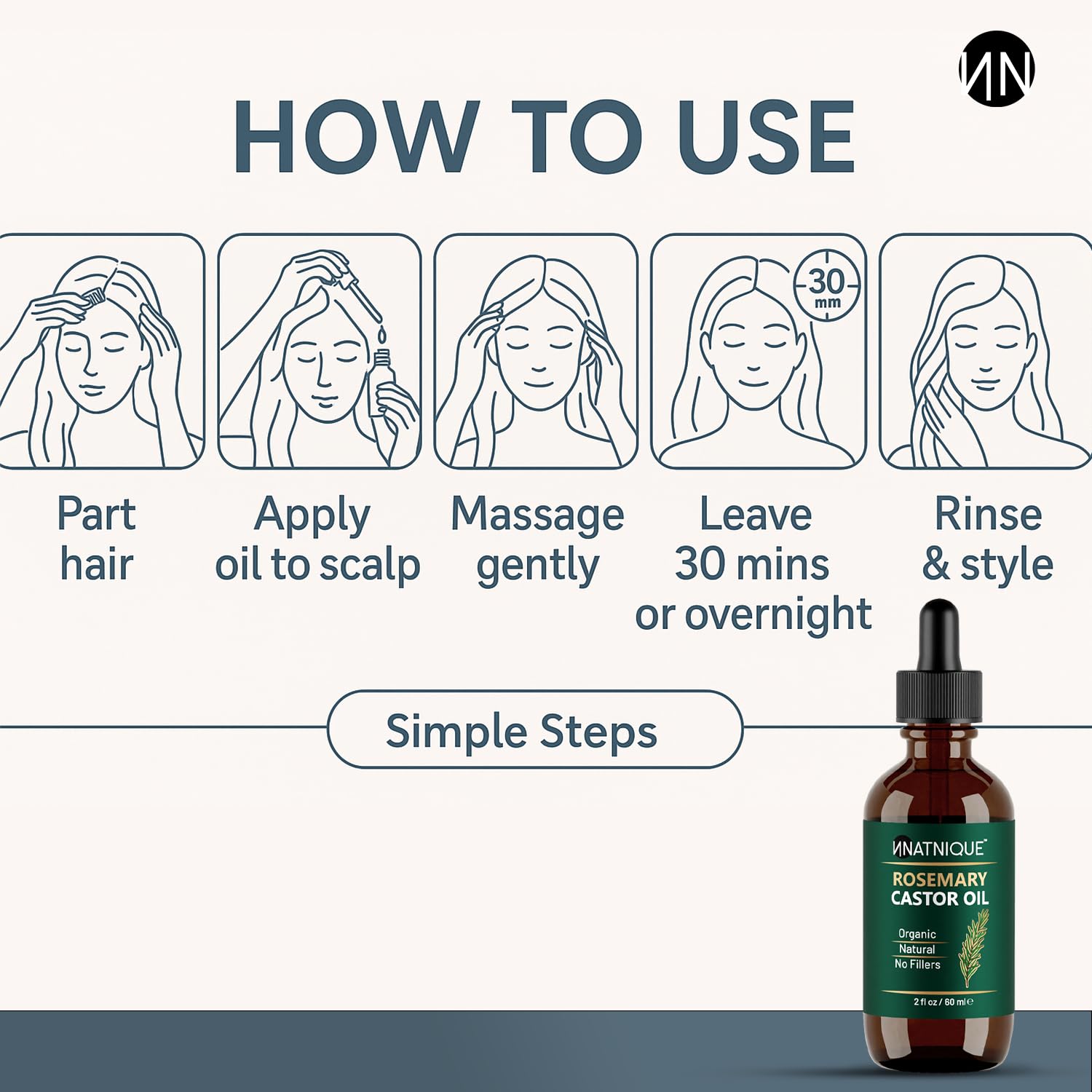 Natnique Rosemary Castor Oil – 100% Pure Cold-Pressed Organic Hair Growth Oil, Hexane-Free Scalp Serum & Moisturizing Treatment for Dry Scalp, Fuller Hair, Stronger Roots & Natural Care – 2oz