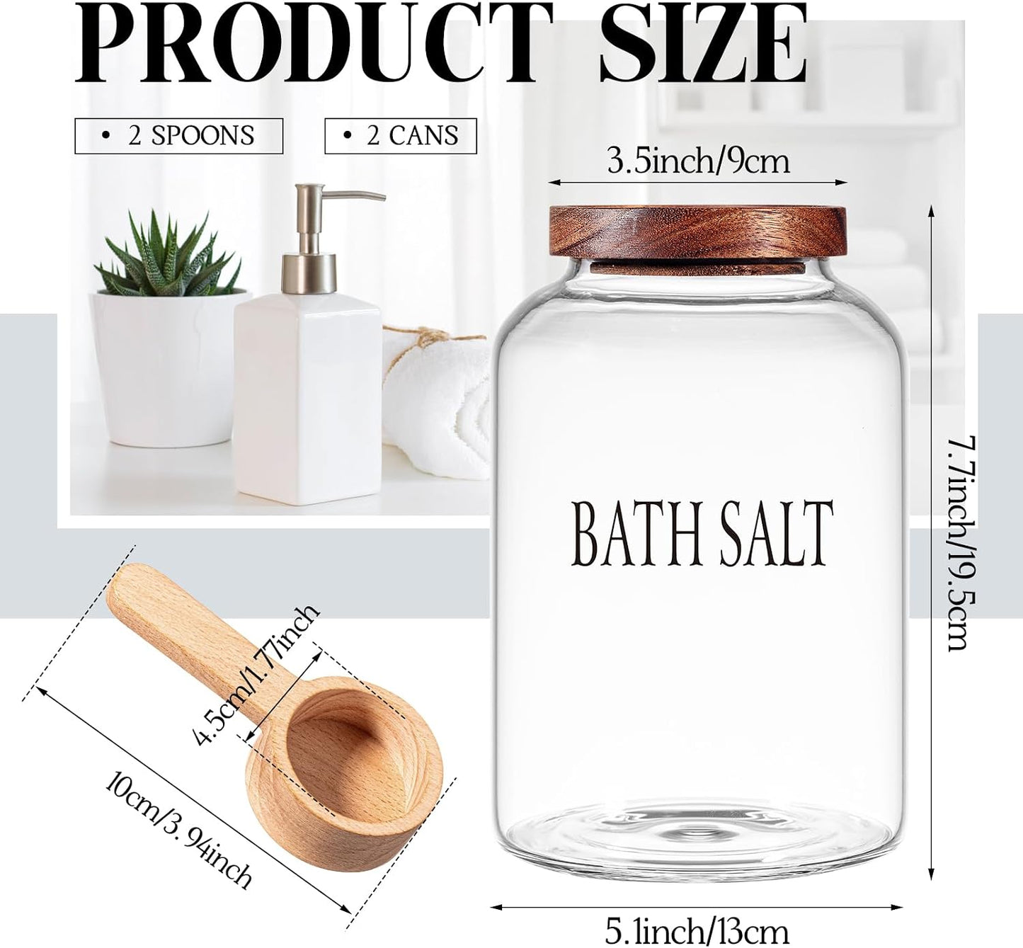 SiliFine 2 Sets 74 oz Glass Bath Salts Jar with Wooden Scoop and Lid, Bath Salt Container for Bathroom Organizers and Storage, Bathtub Accessories for Women Bathroom, Home Decor