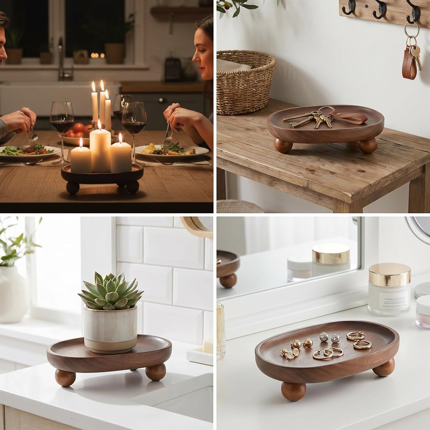 Candle Tray, Wooden Candle Holder with Ball Feet, Decorative Candle Plate Candlestick Holder, Rustic Soap Dish Jewelry Tray for Bathroom, Vanity, Coffee Table, Party, Wedding and Home Decor